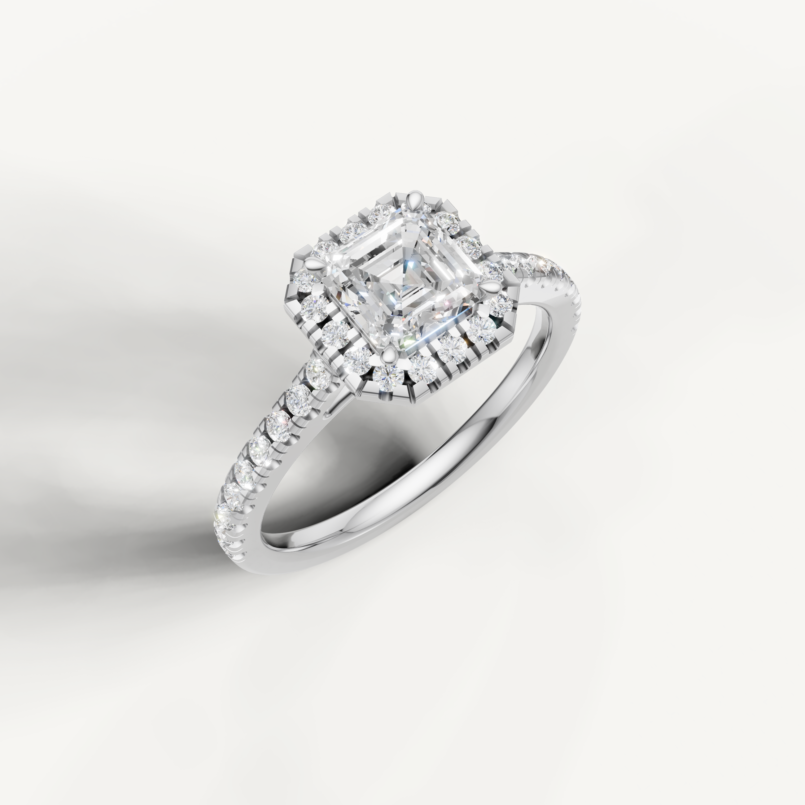 sophisticated asscher cut lab grown diamond halo ring with pavé diamonds