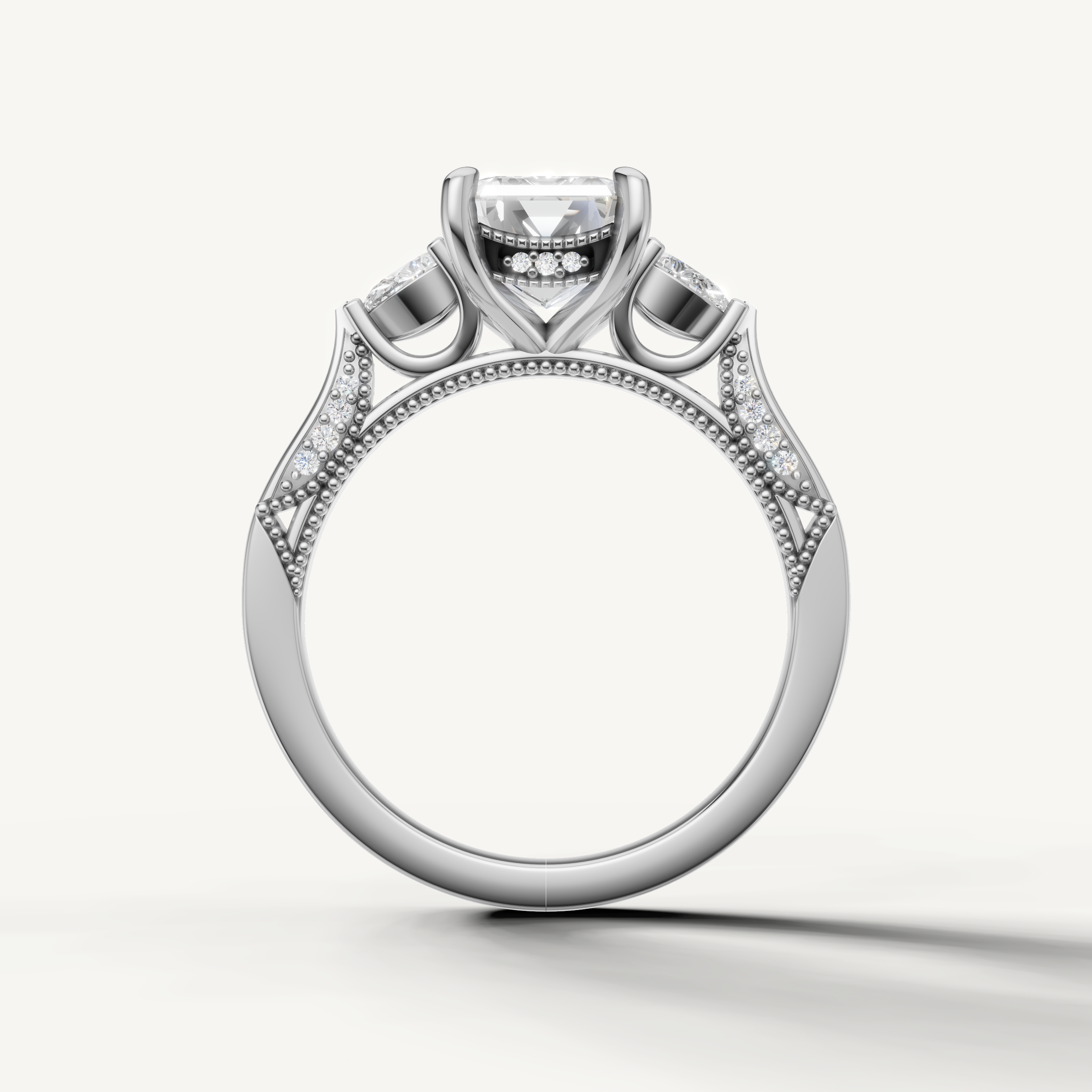 Emerald shape lab grown diamond engagement ring with side pear diamonds white gold modern style