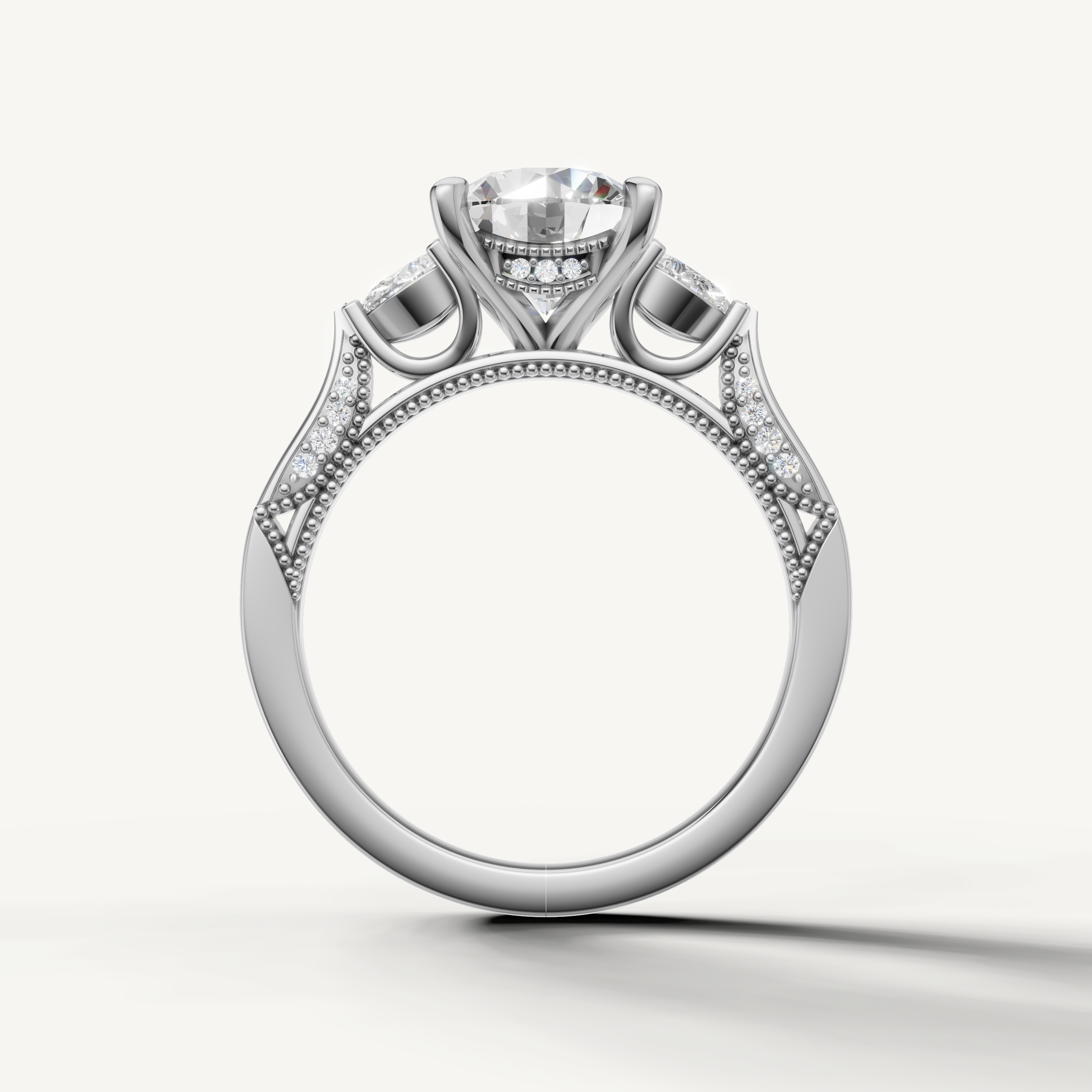 Round cut lab grown diamond engagement ring with pear side diamonds white gold luxury