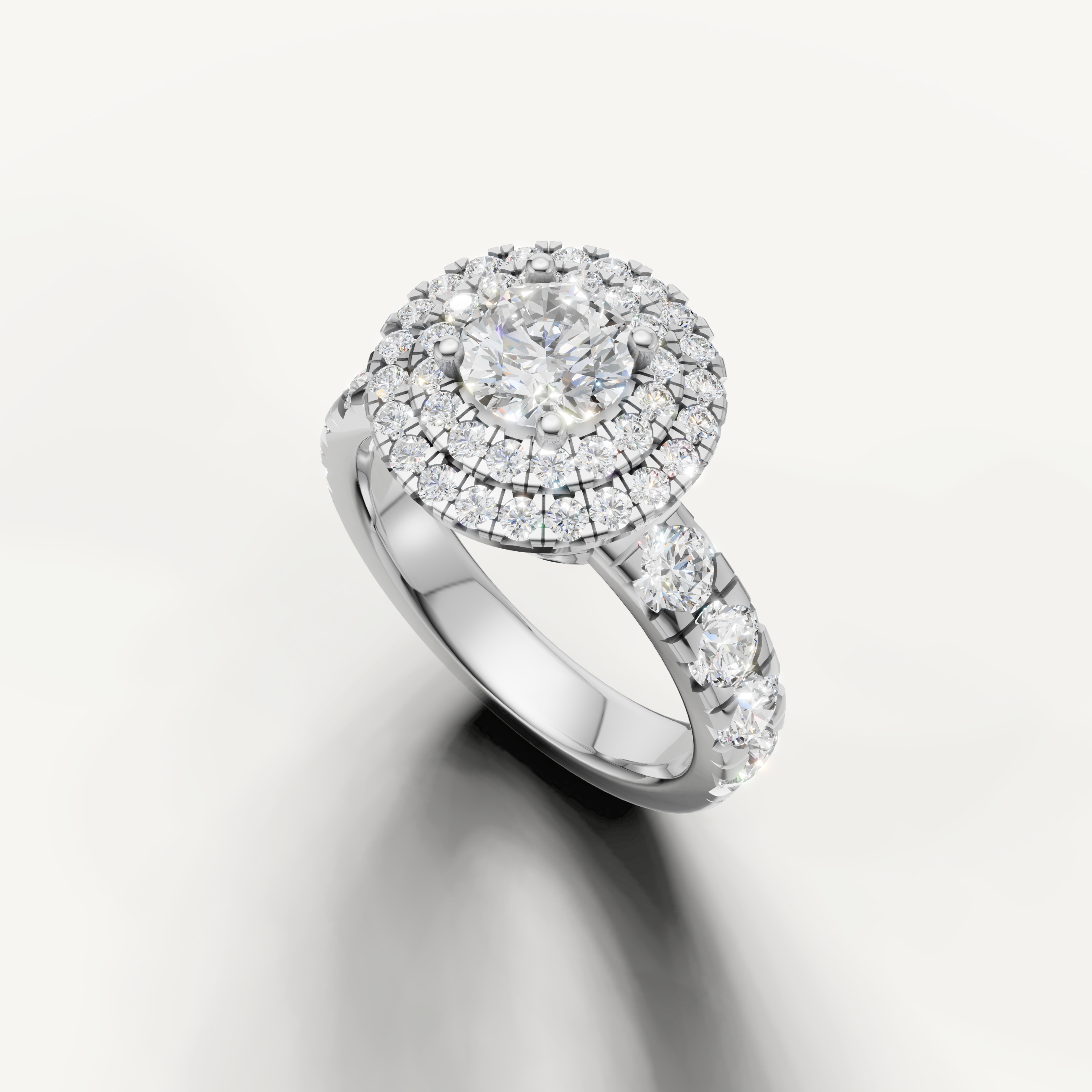 Handcrafted round halo engagement ring by Raul Diamonds in luxury gold setting