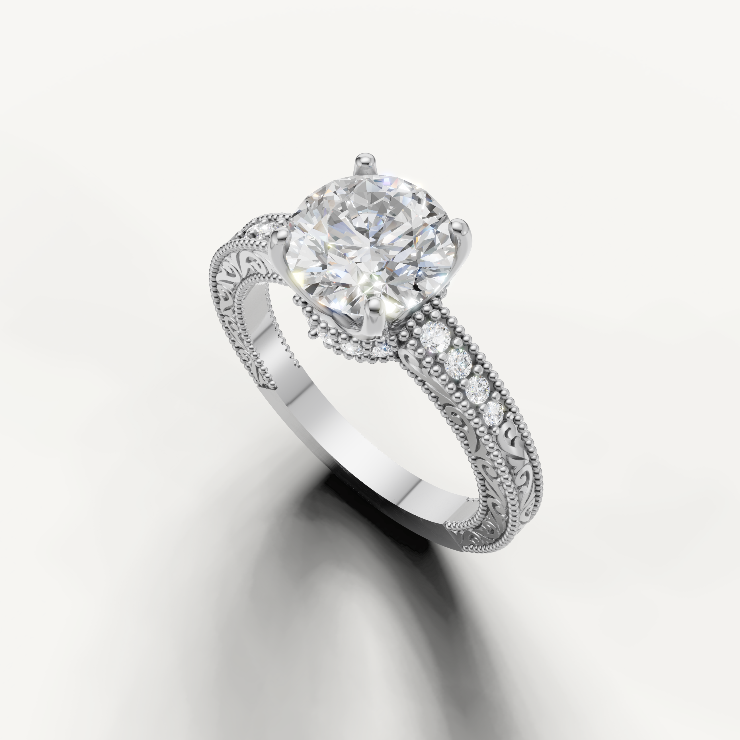 Elegant round diamond engagement ring in white gold with vintage-inspired pavé detailing by Raul Diamonds.