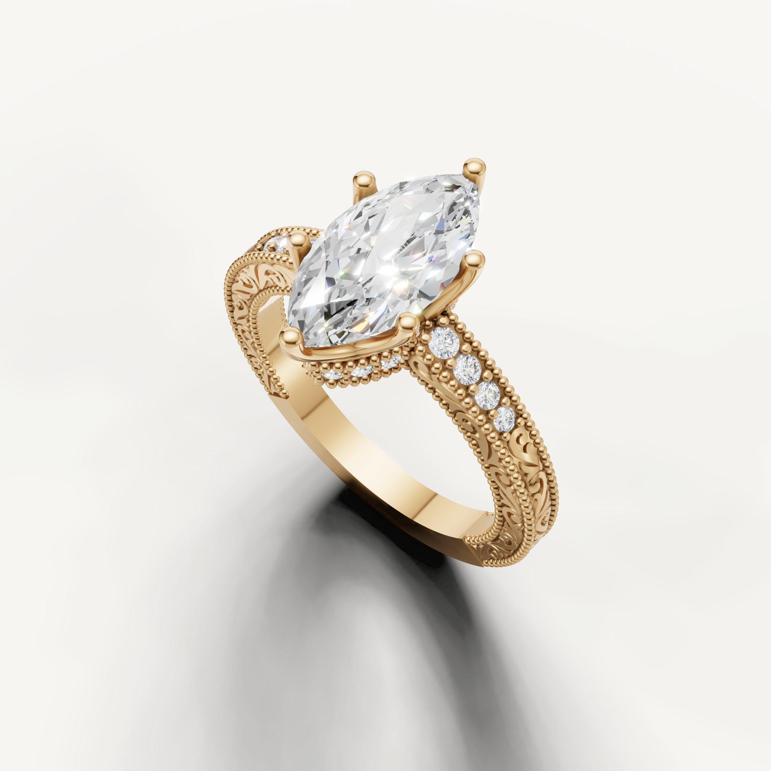 Elegant vintage-style marquise diamond engagement ring with pavé accents and decorative yellow gold detailing from Raul Diamonds.