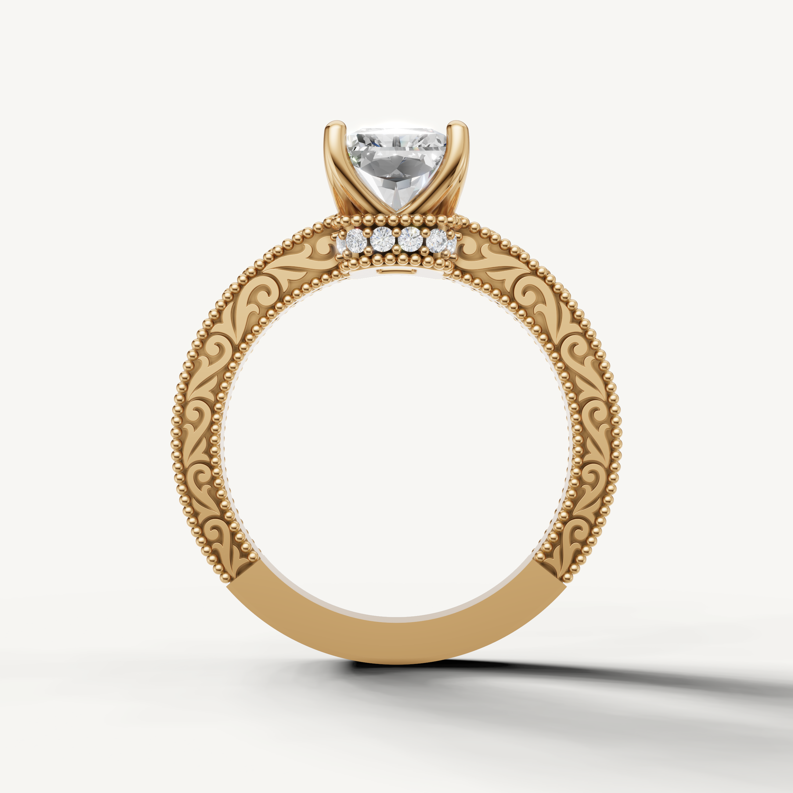 Antique-inspired radiant cut lab grown diamond engagement ring in 14K yellow gold with ornate floral filigree by Raul Diamonds.
