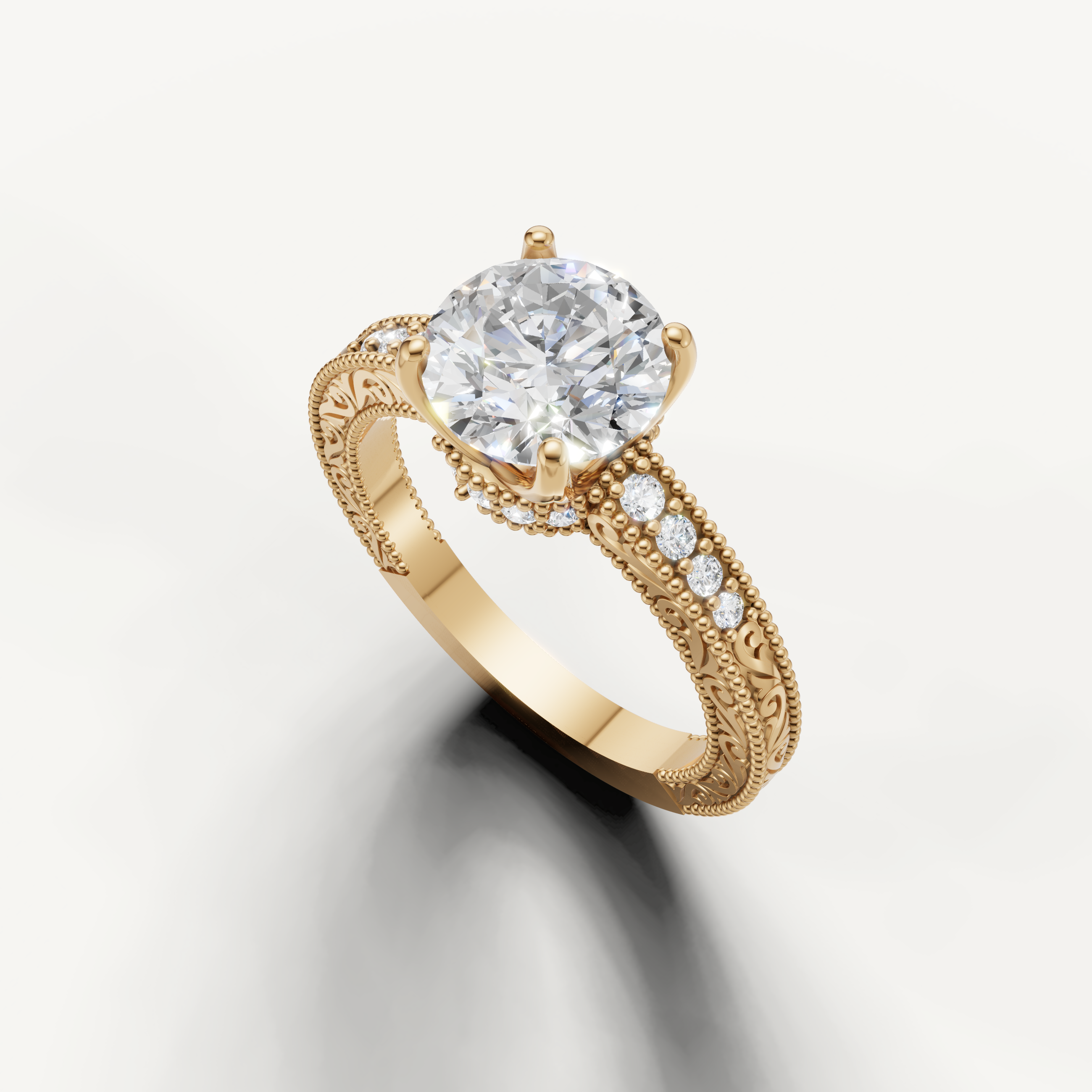 Elegant vintage-style round diamond engagement ring with decorative yellow gold detailing and round side diamonds from Raul Diamonds.