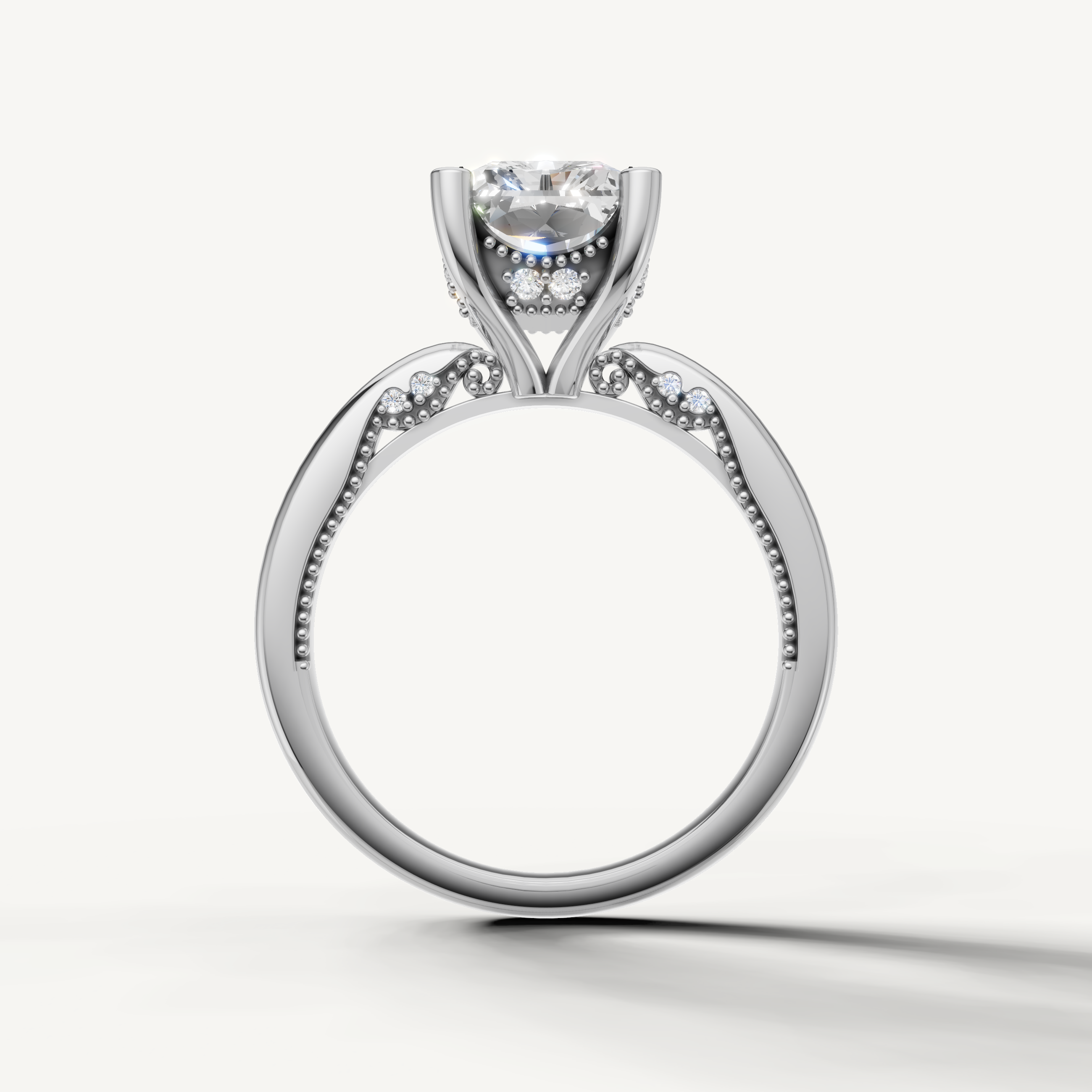 A luxury white gold engagement ring that maximizes the brilliance and fire of a central oval-cut diamond against a cool, bright metal finish.