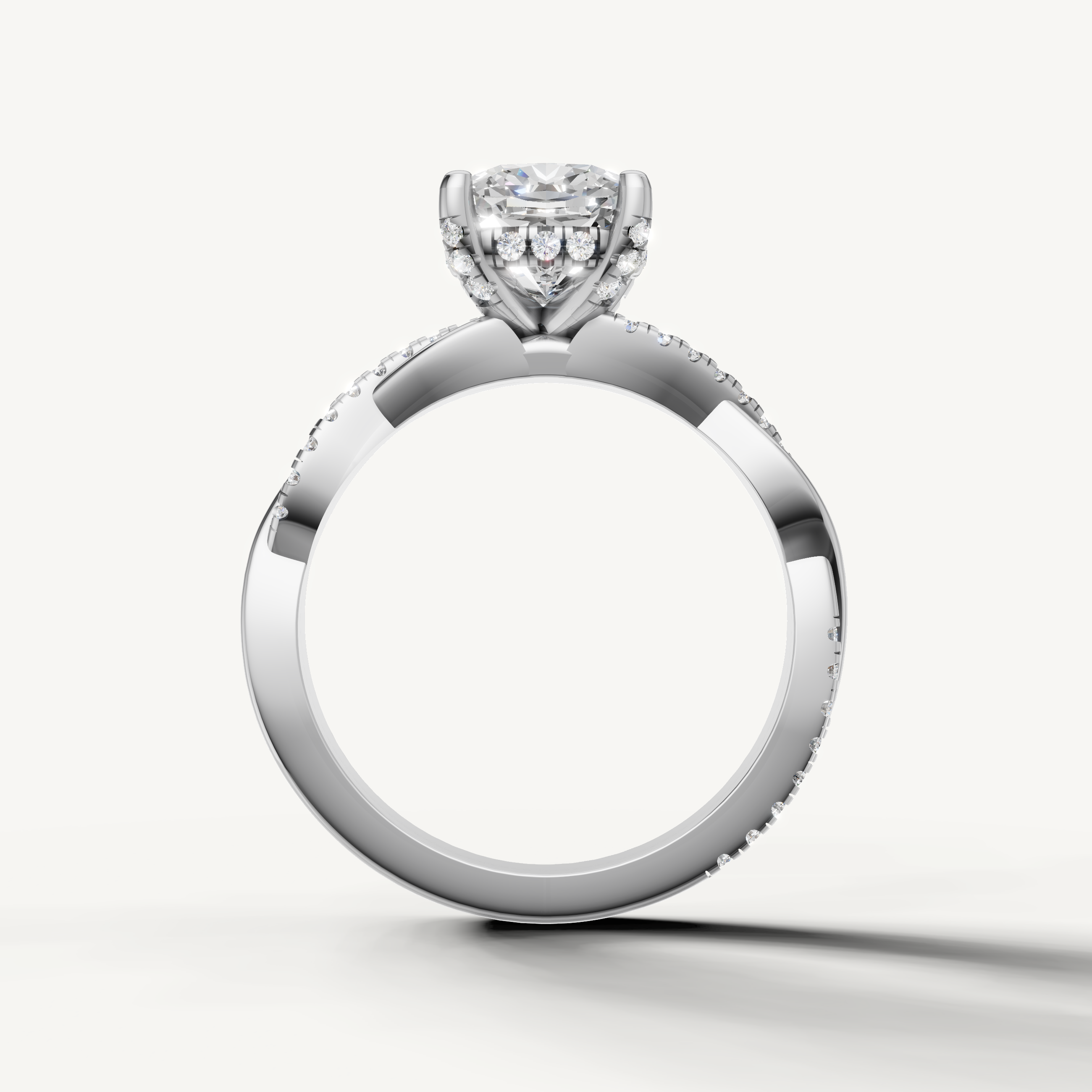 contemporary cushion cut lab grown diamond bypass ring in 14k white gold with hidden halo accents