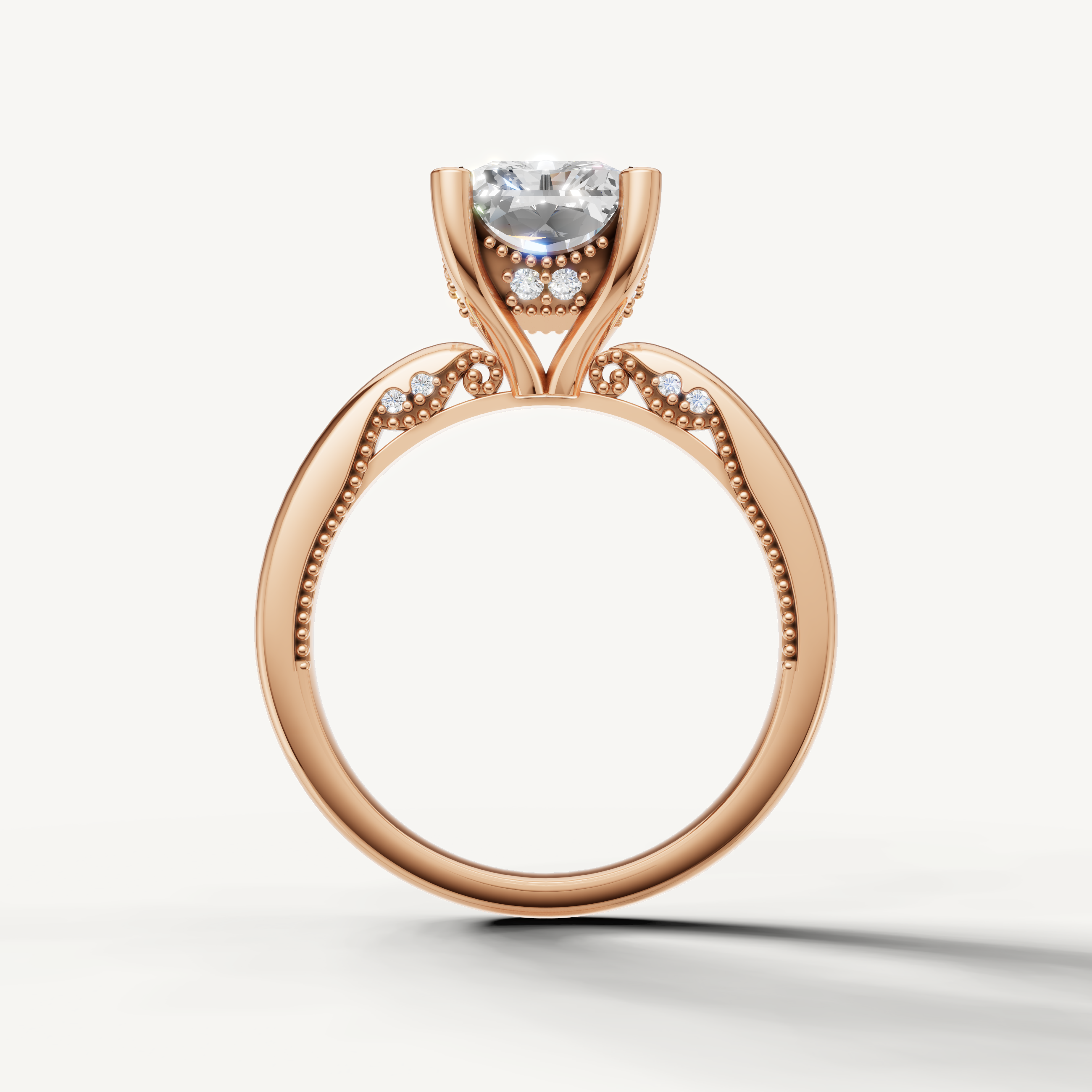 A sophisticated rose gold engagement ring that beautifully frames the clarity and graceful geometry of an oval-cut center diamond.