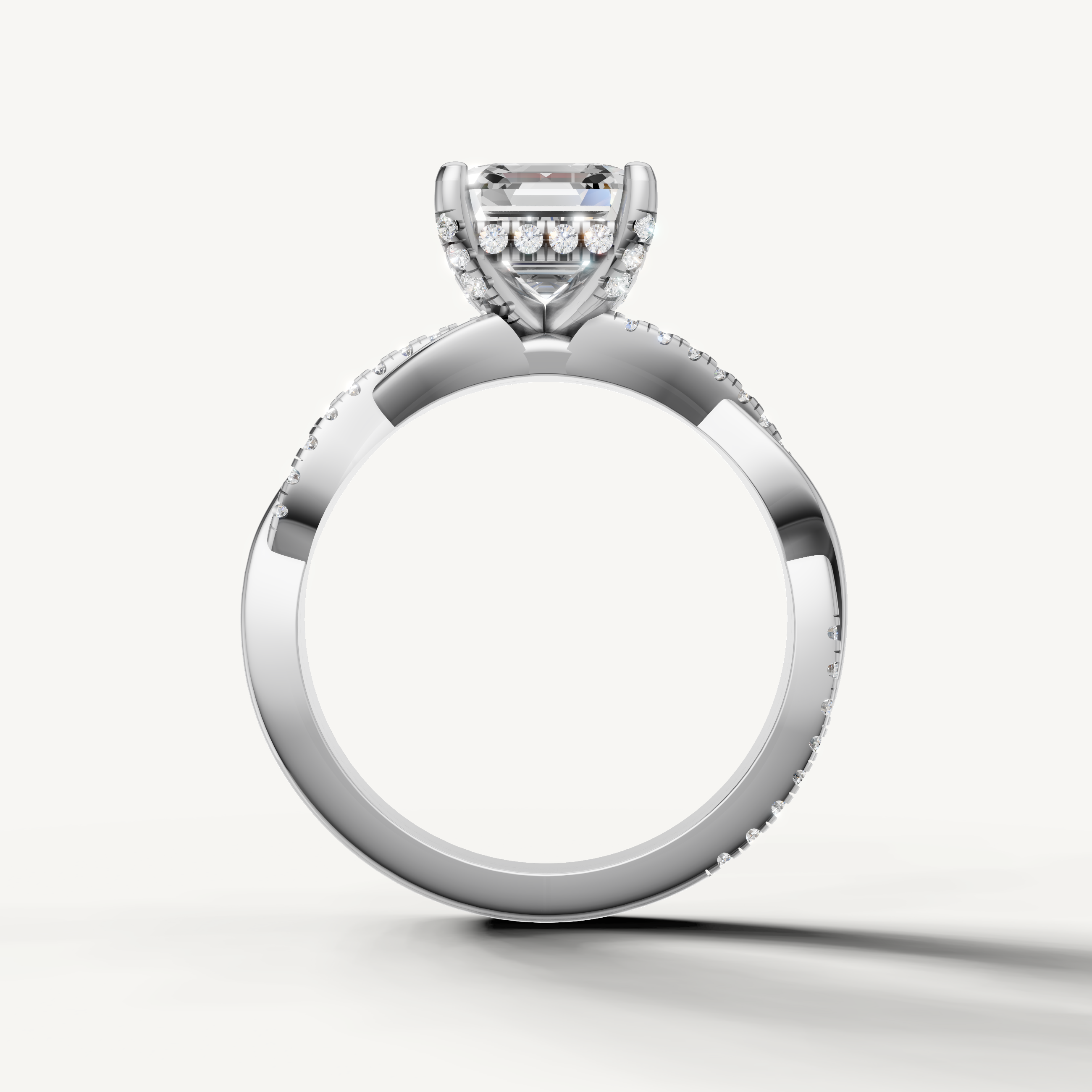 contemporary asscher cut lab grown diamond bypass ring in 14k white gold with sparkling pavé shoulders