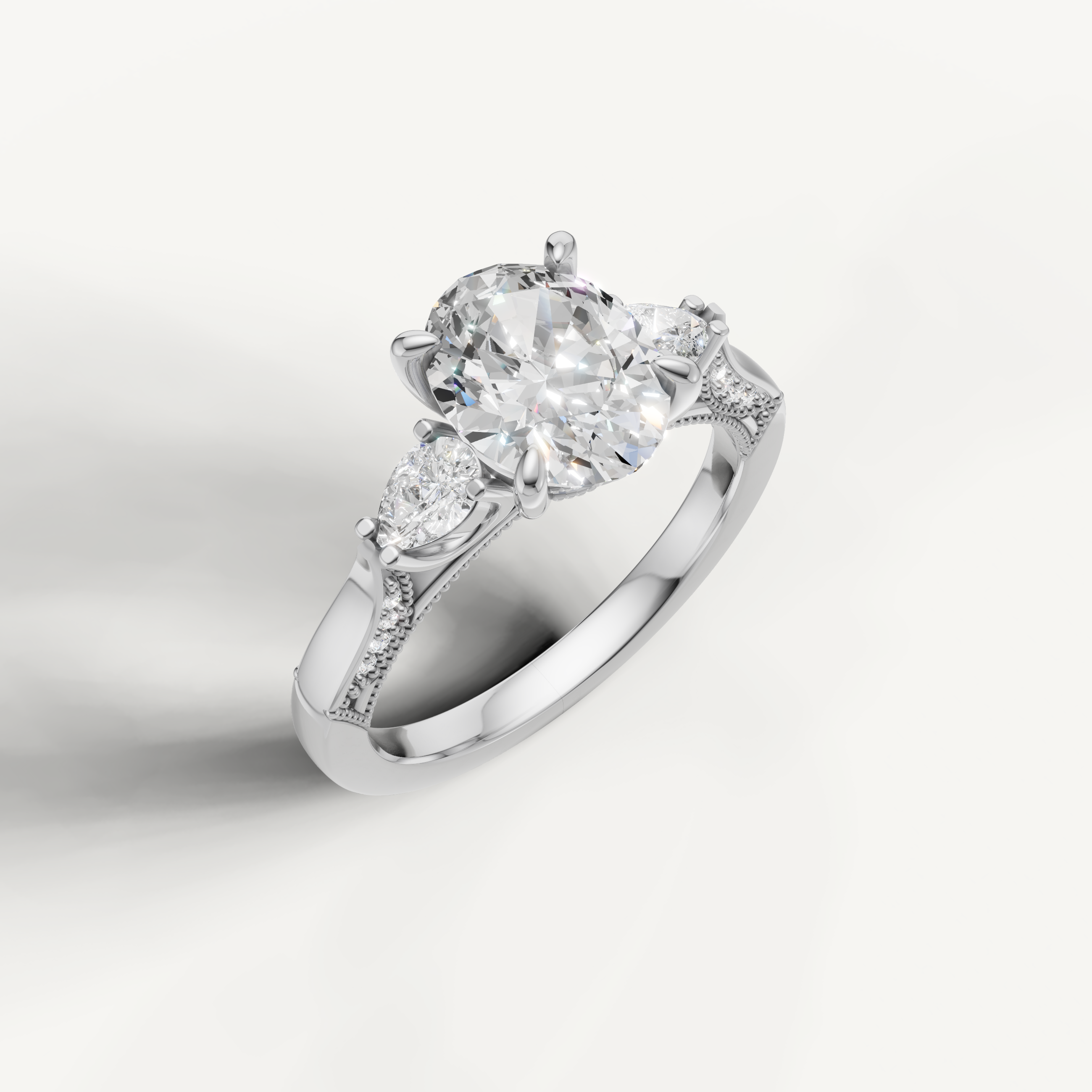 IGI certified oval lab diamond ring with pear accents and split band white gold