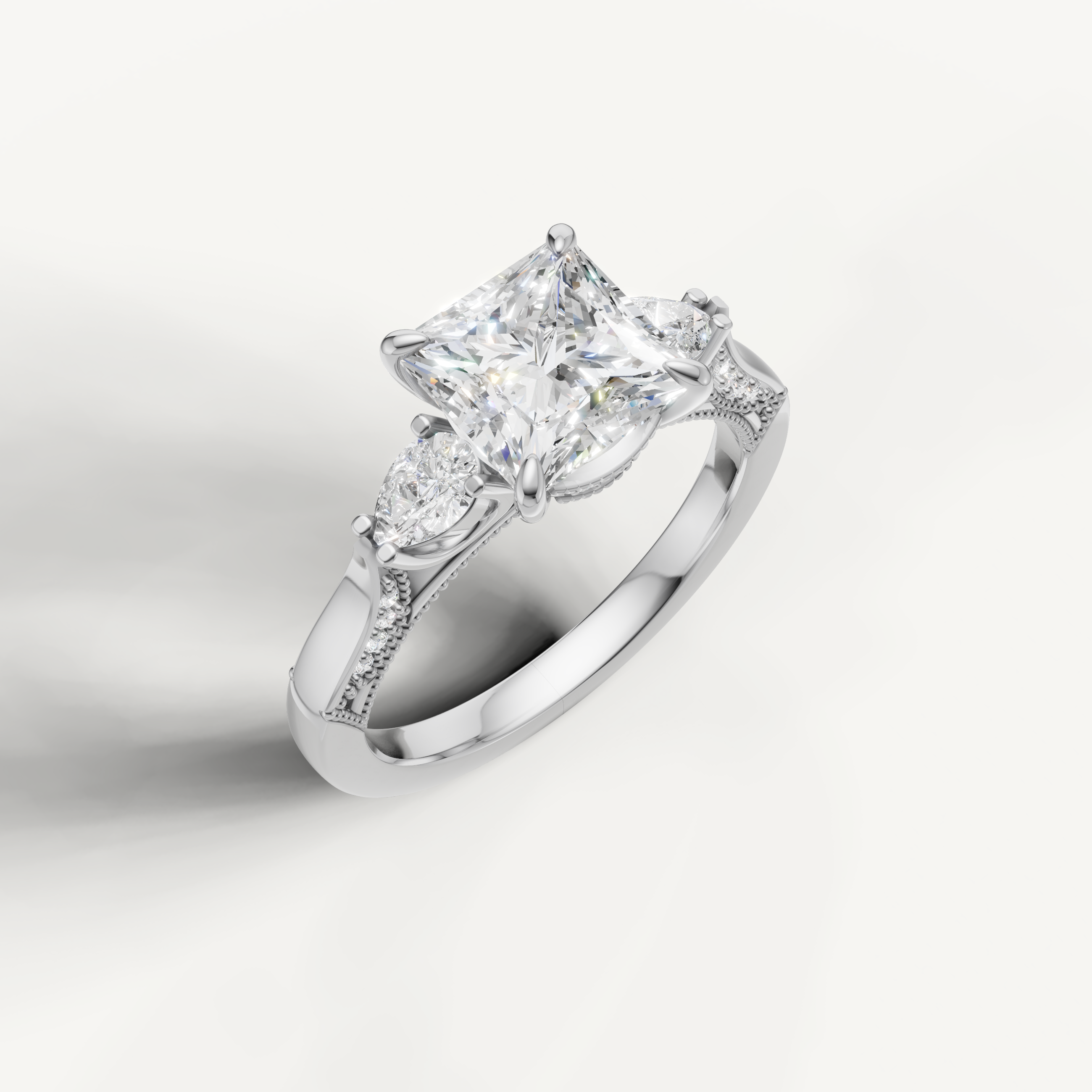 IGI certified princess lab diamond ring with pear side accents white gold