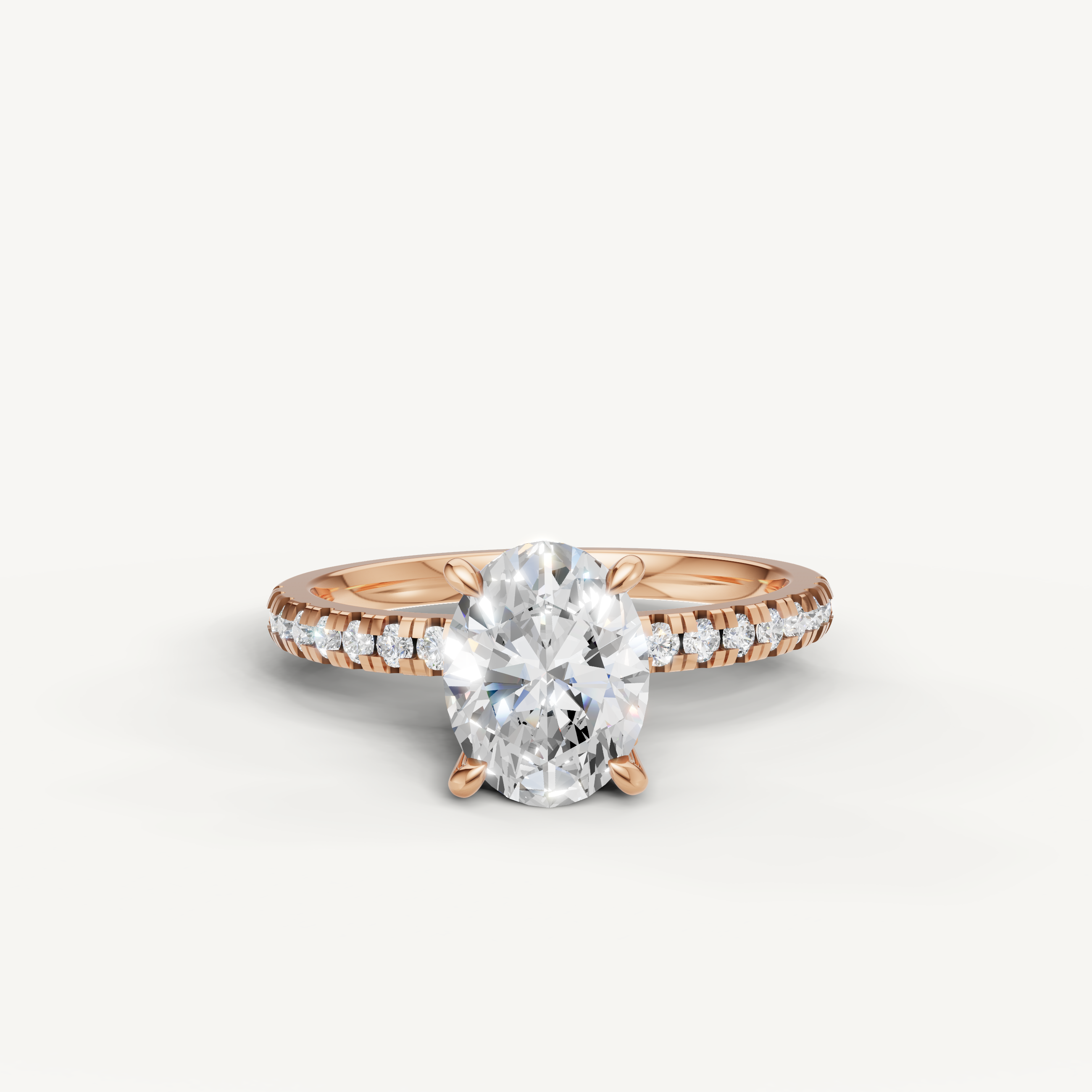 Oval cut lab grown diamond engagement ring with pavé band rose gold 4 prong setting