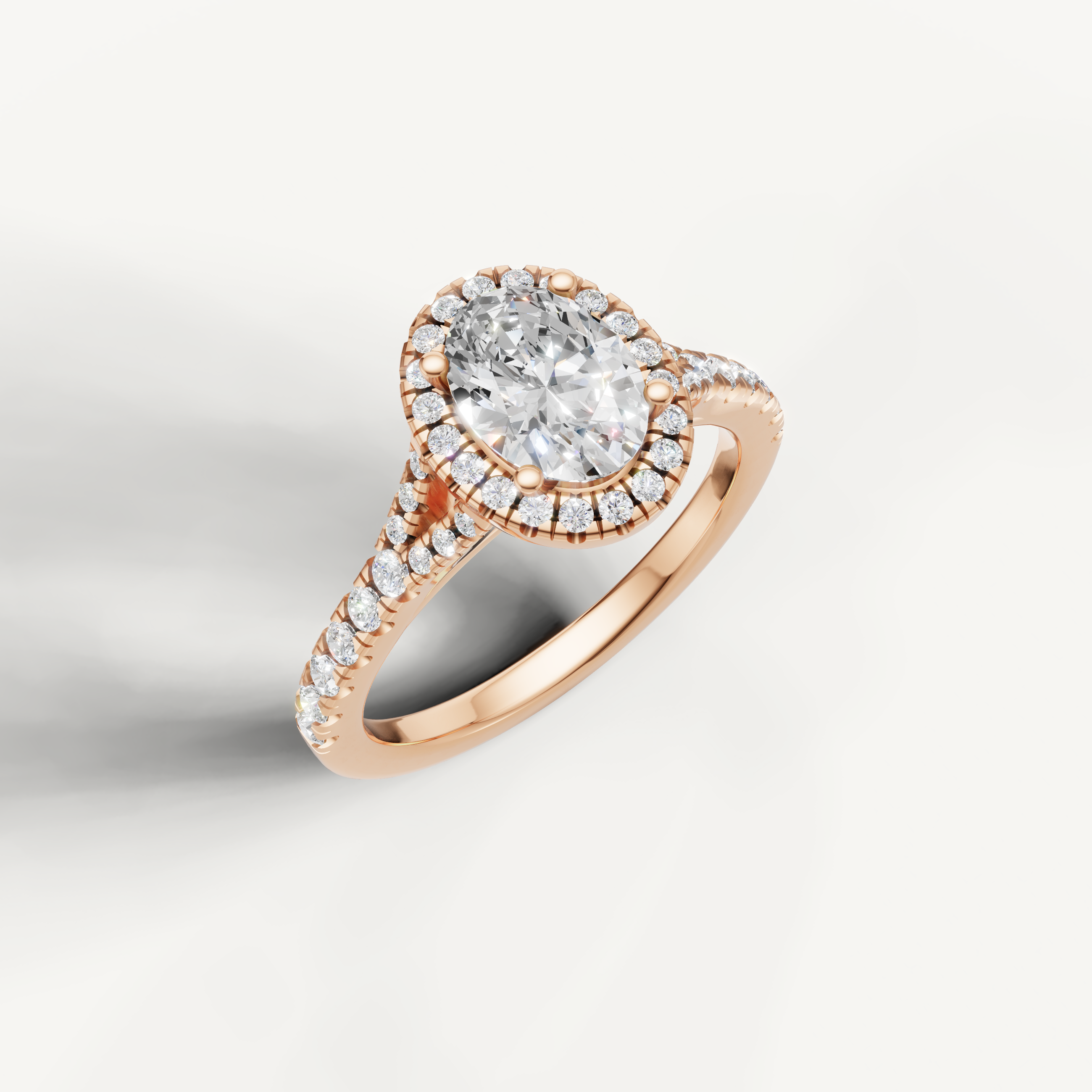 IGI certified oval lab diamond halo ring with pavé band rose gold DEF VVS