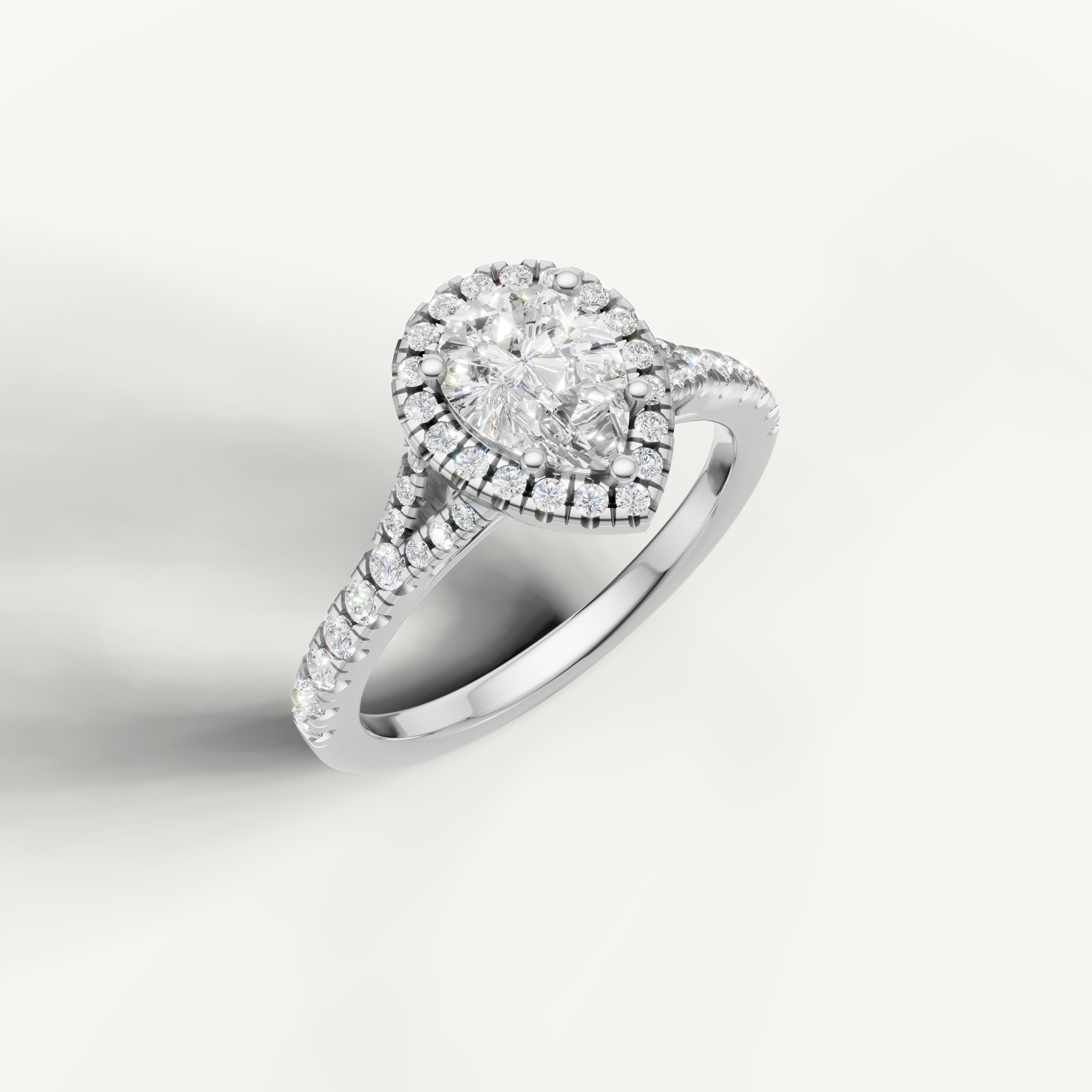 IGI certified pear shaped lab diamond halo ring with pavé band white gold DEF VVS