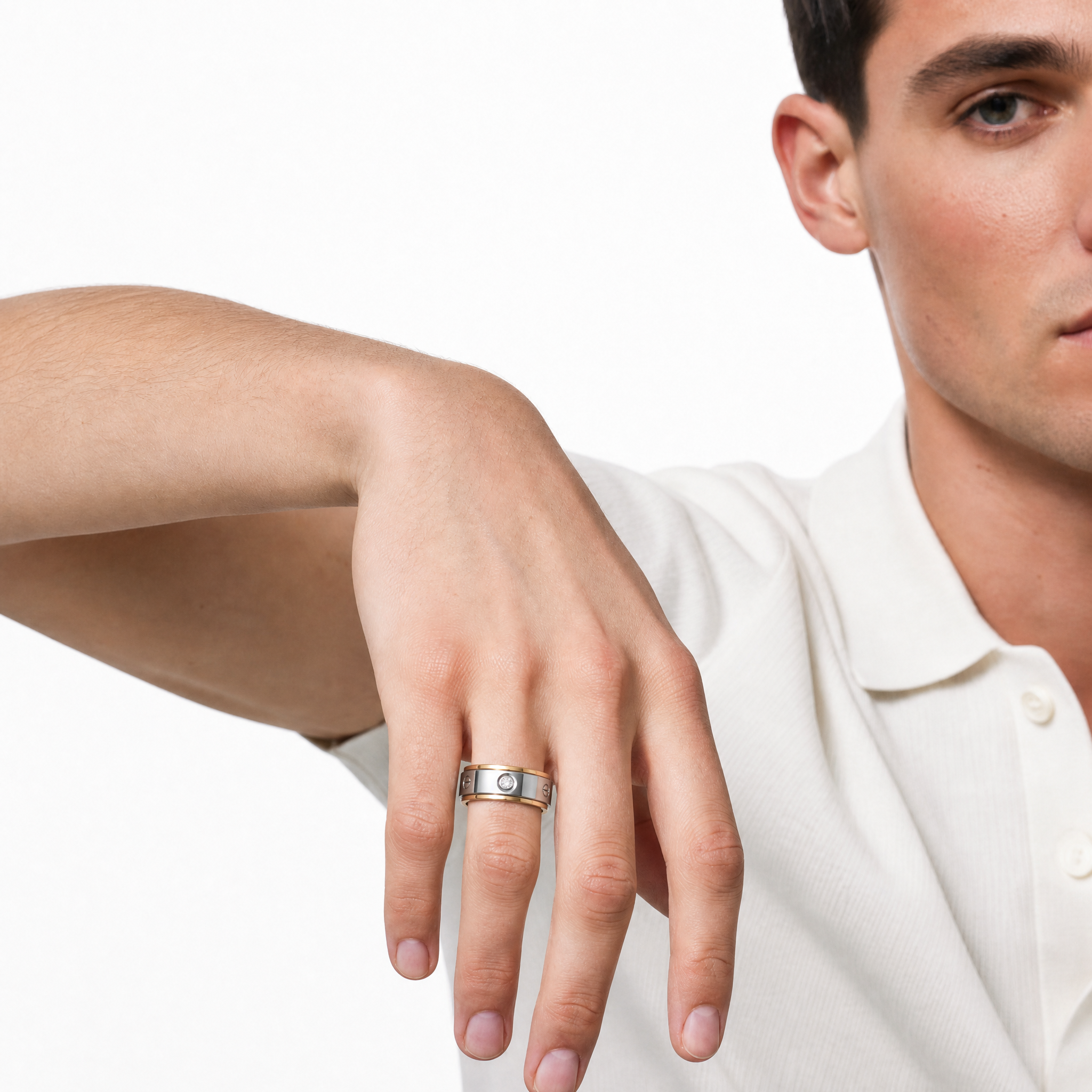 Model wearing Raul Diamonds two tone diamond wedding band with modern screw detail
