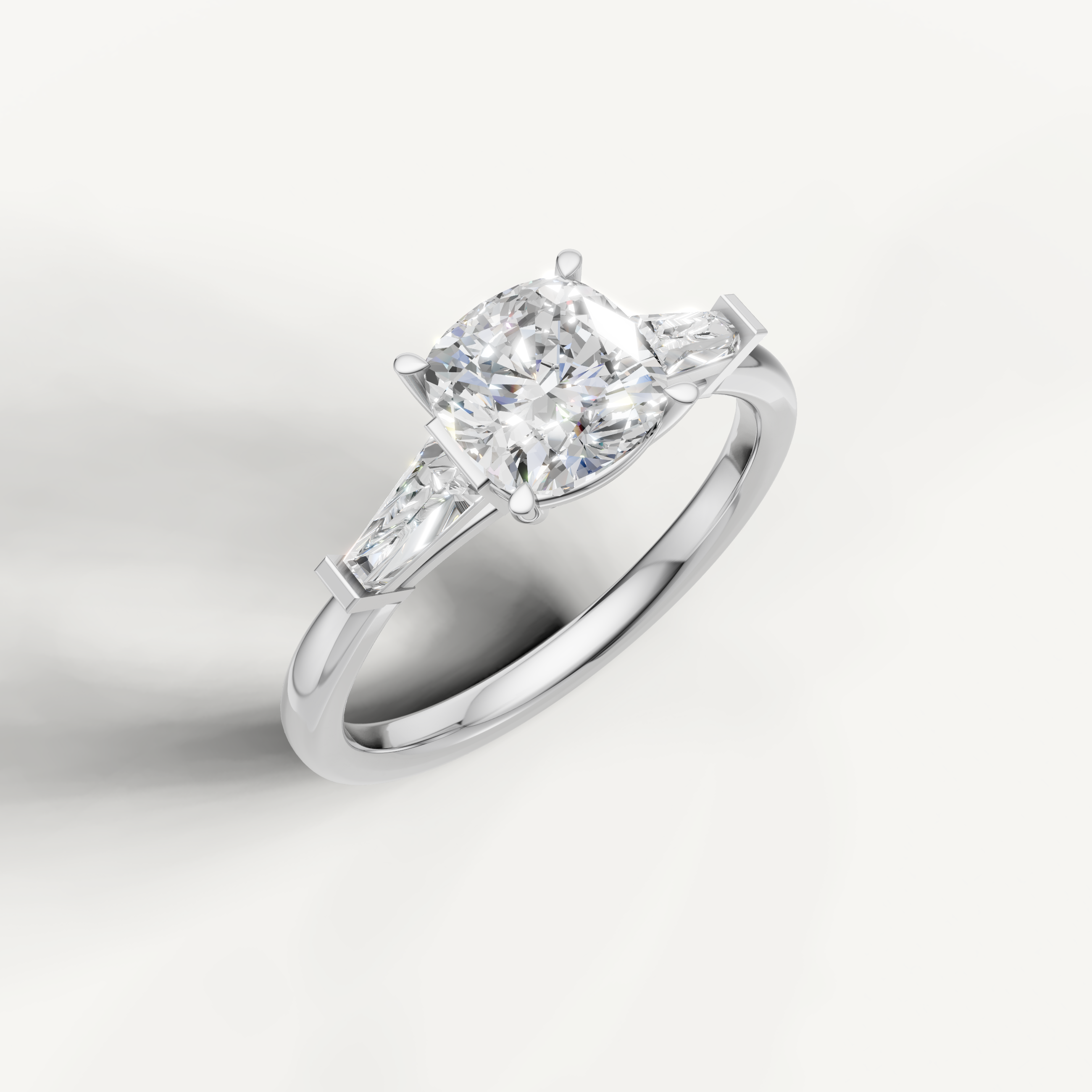 IGI certified cushion lab diamond ring with baguette side accents white gold