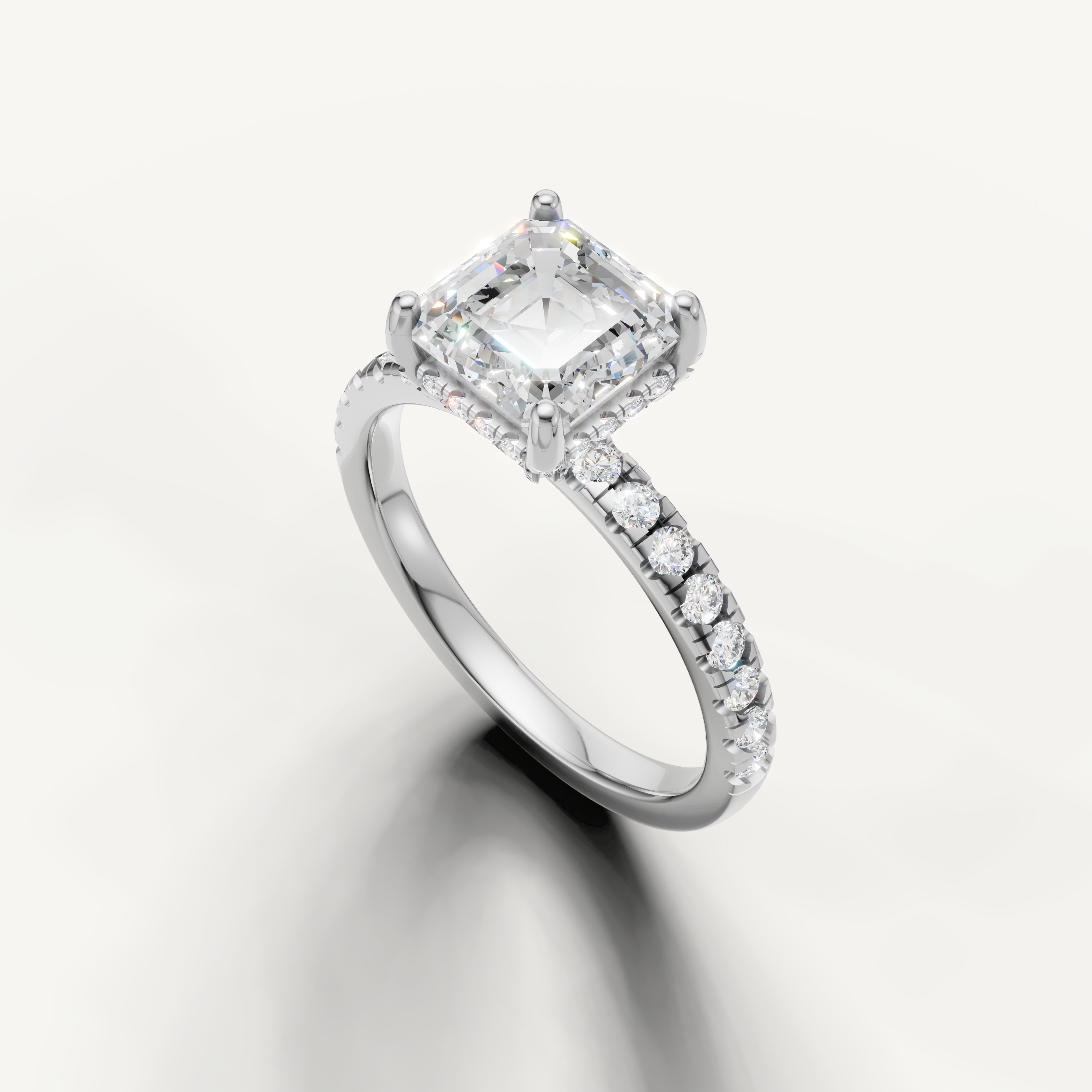 Elegant asscher cut solitaire ring with pavé diamonds on band white gold