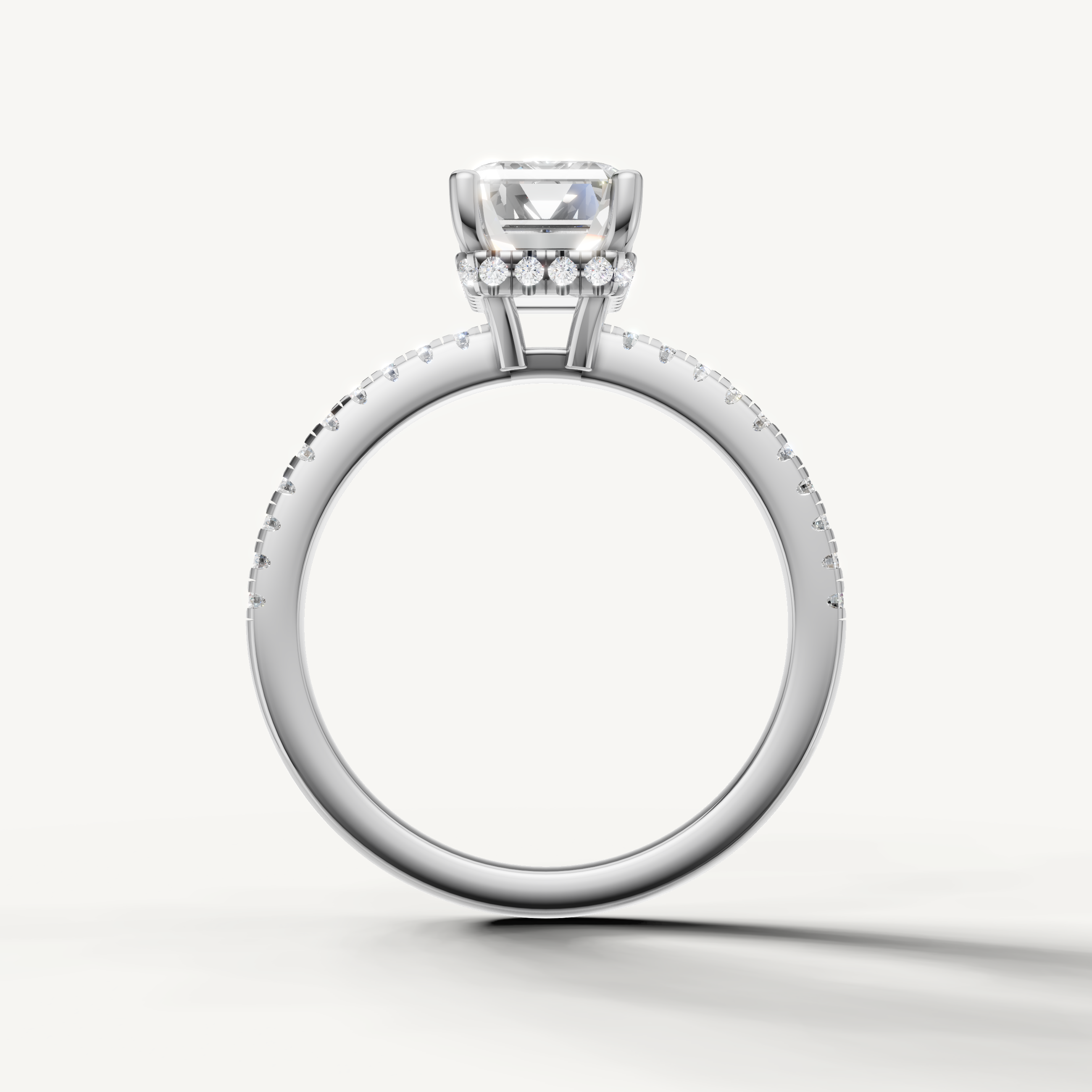 minimalist emerald lab grown diamond ring with pavé setting in white gold