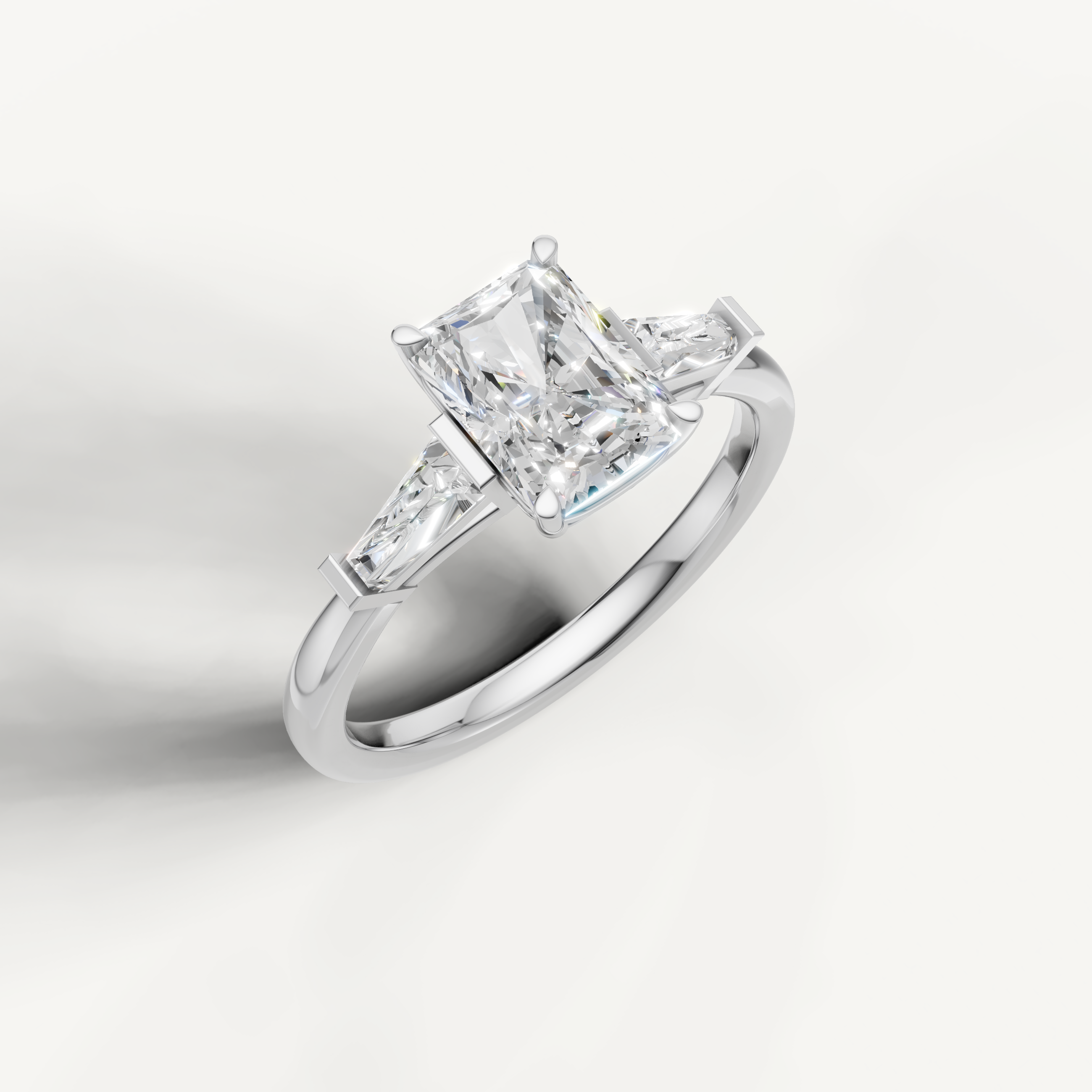 IGI certified radiant cut lab diamond ring with baguette side accents white gold