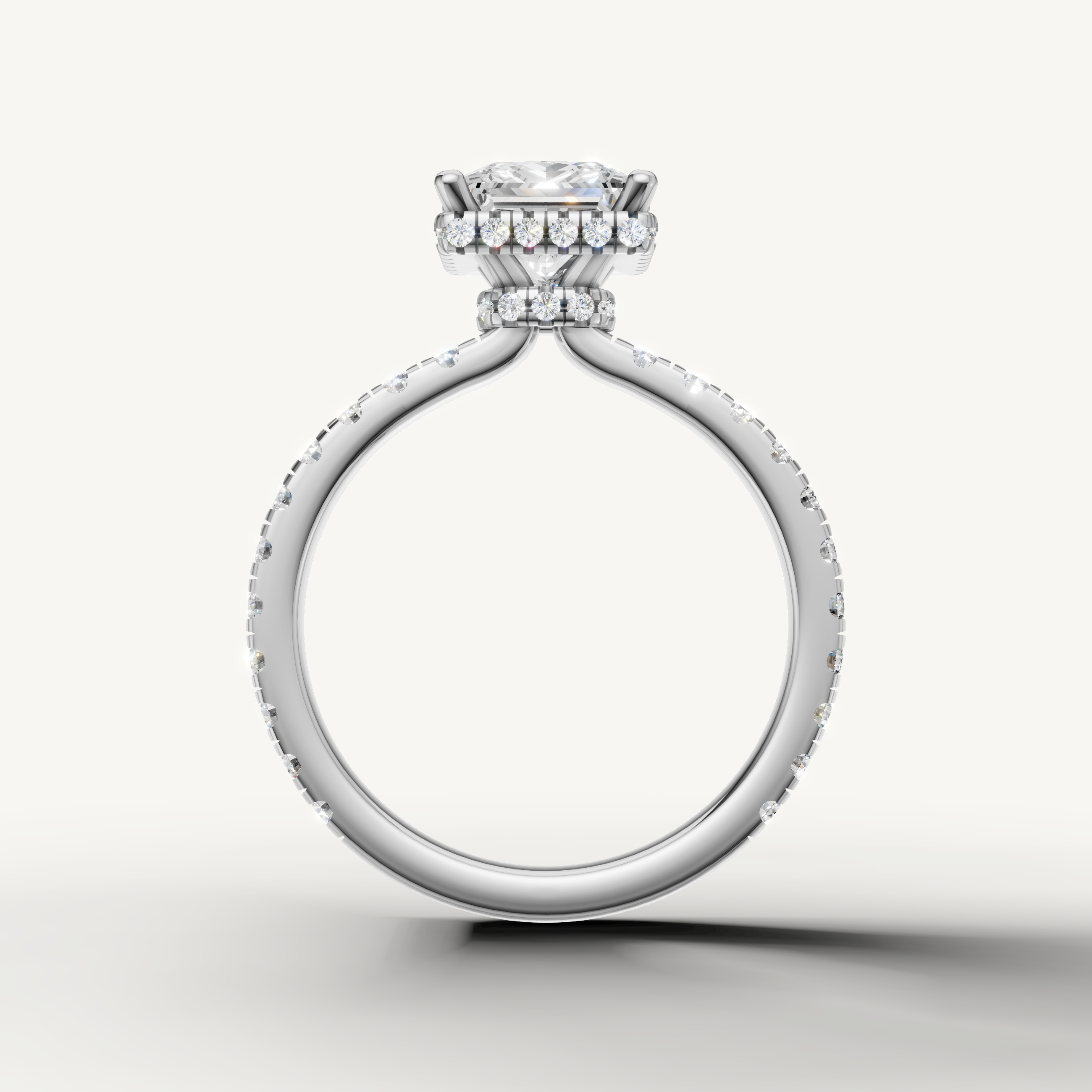 timeless princess cut lab grown diamond hidden halo ring in 14k white gold with classic pavé diamond design