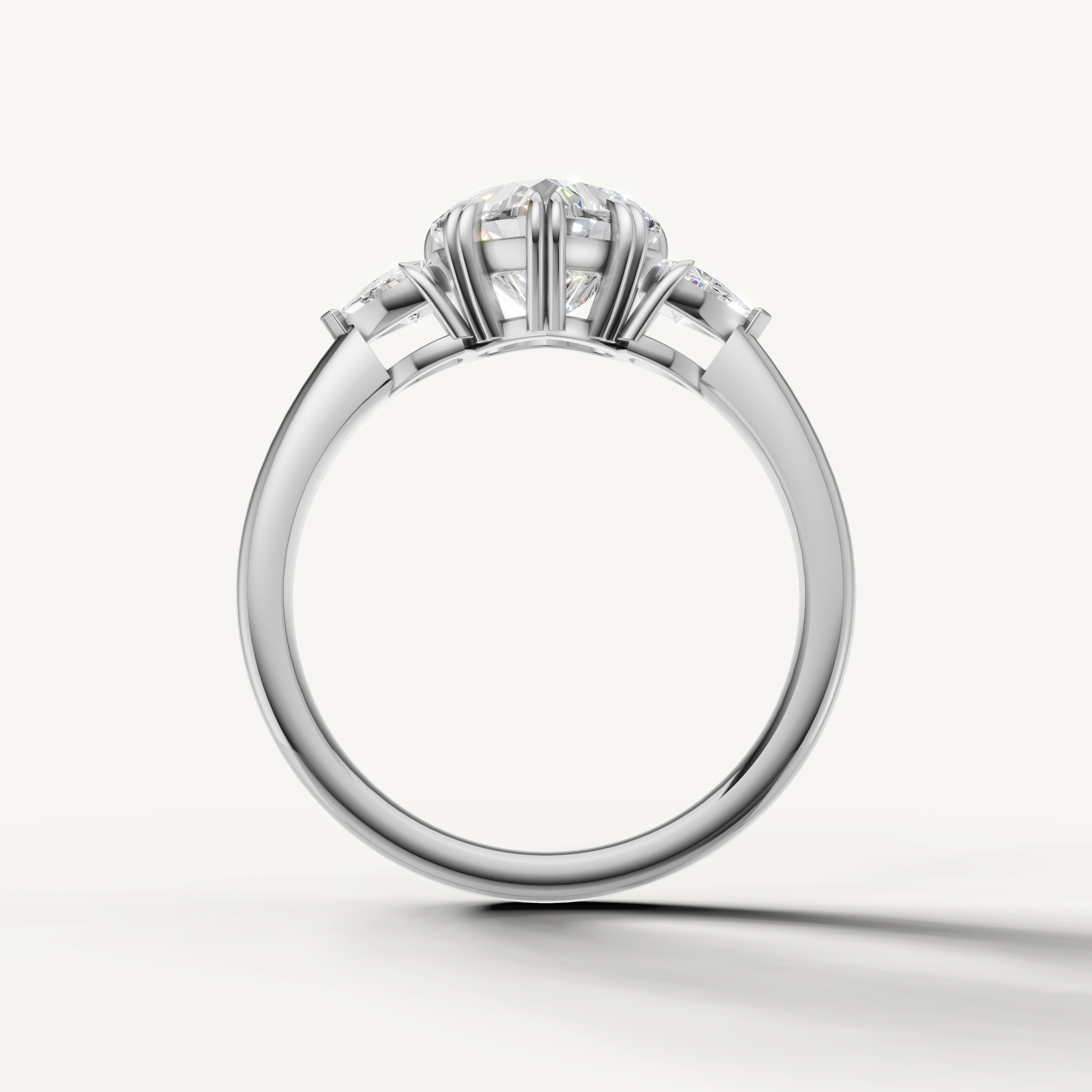 elegant heart cut lab grown diamond engagement ring with trillion side stones in white gold