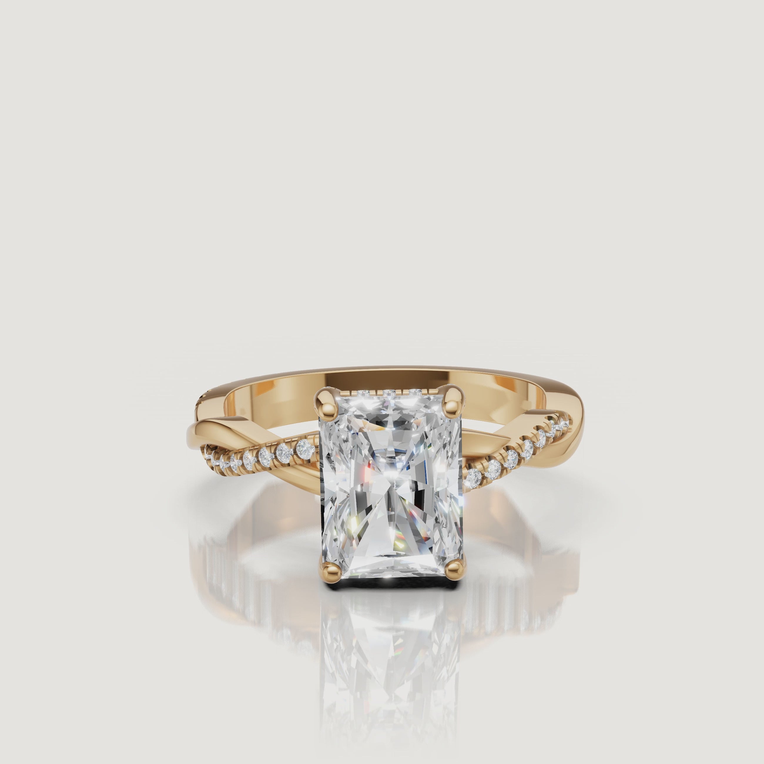 video of radiant cut lab grown diamond bypass engagement ring in 14k gold with pavé diamond crossover shank and modern brilliance