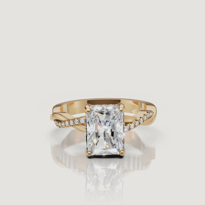 video of radiant cut lab grown diamond bypass engagement ring in 14k gold with pavé diamond crossover shank and modern brilliance