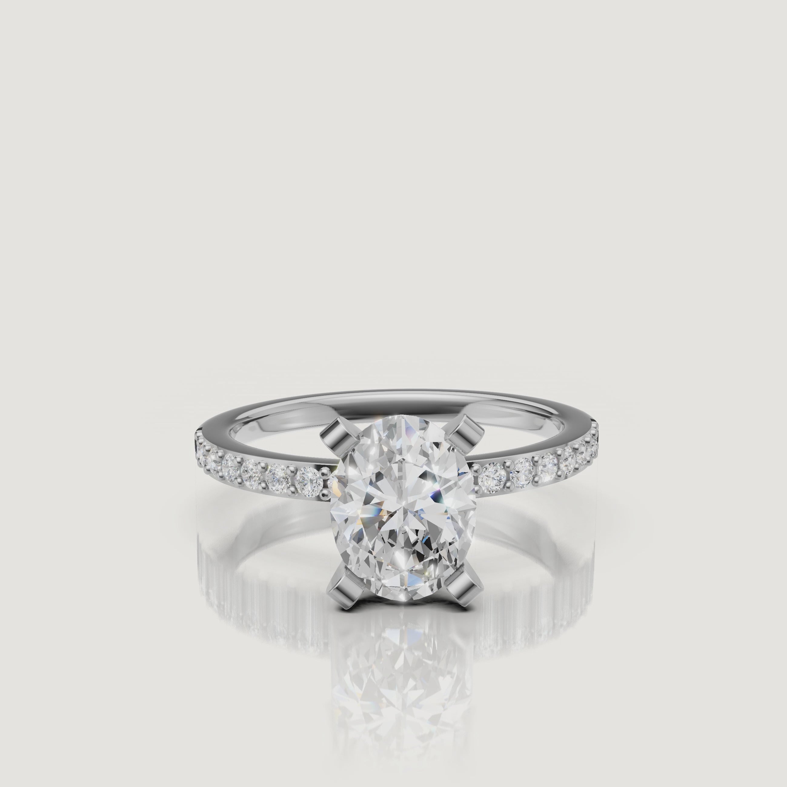 Oval cut lab grown diamond engagement ring in 14K white gold with pavé setting by Raul Diamonds video display