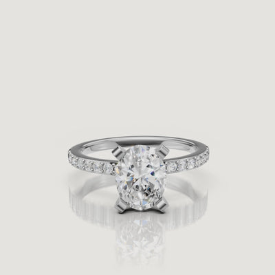 Oval cut lab grown diamond engagement ring in 14K white gold with pavé setting by Raul Diamonds video display