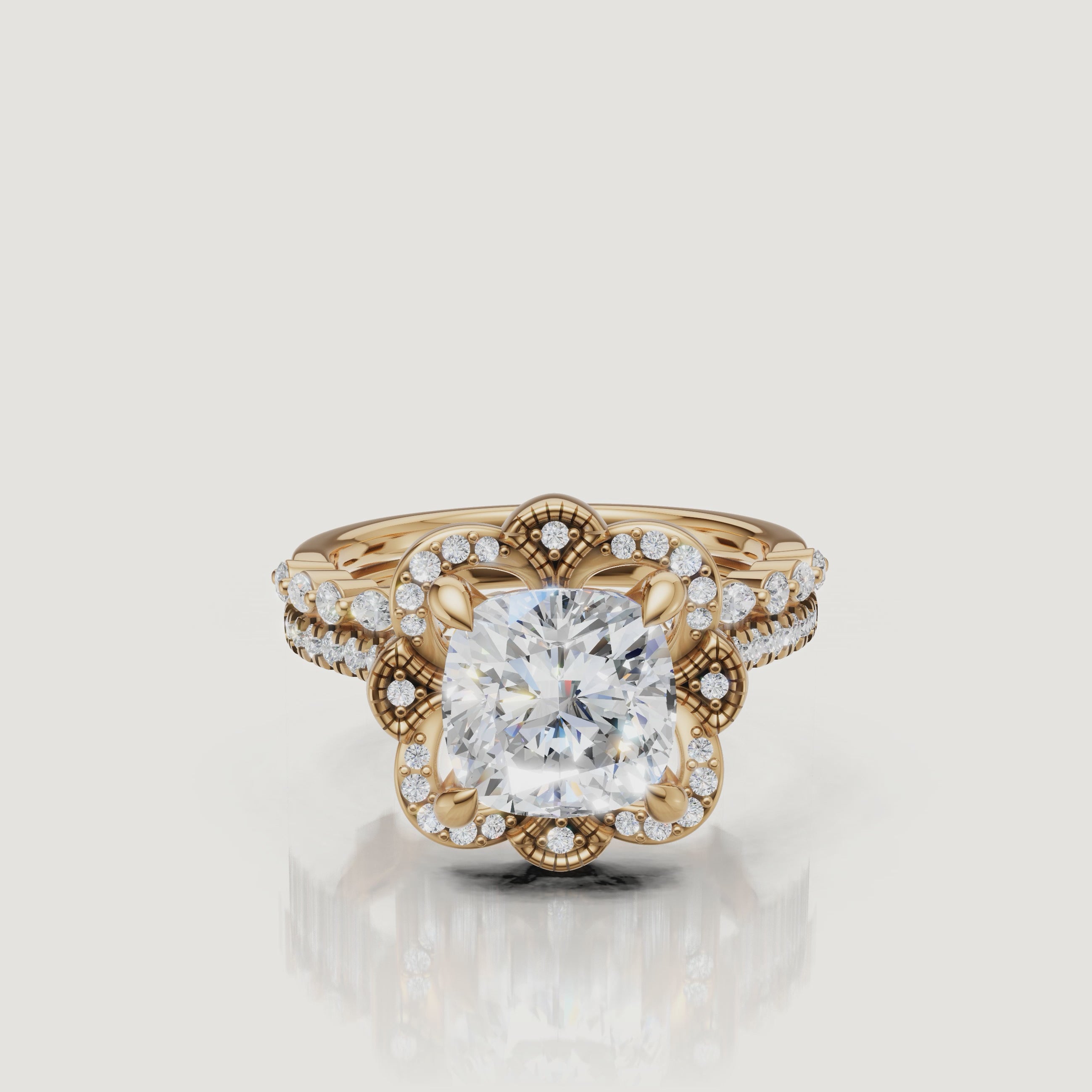 Yellow Gold Cushion Cut Floral Halo Bridal Set Video by Raul Diamonds