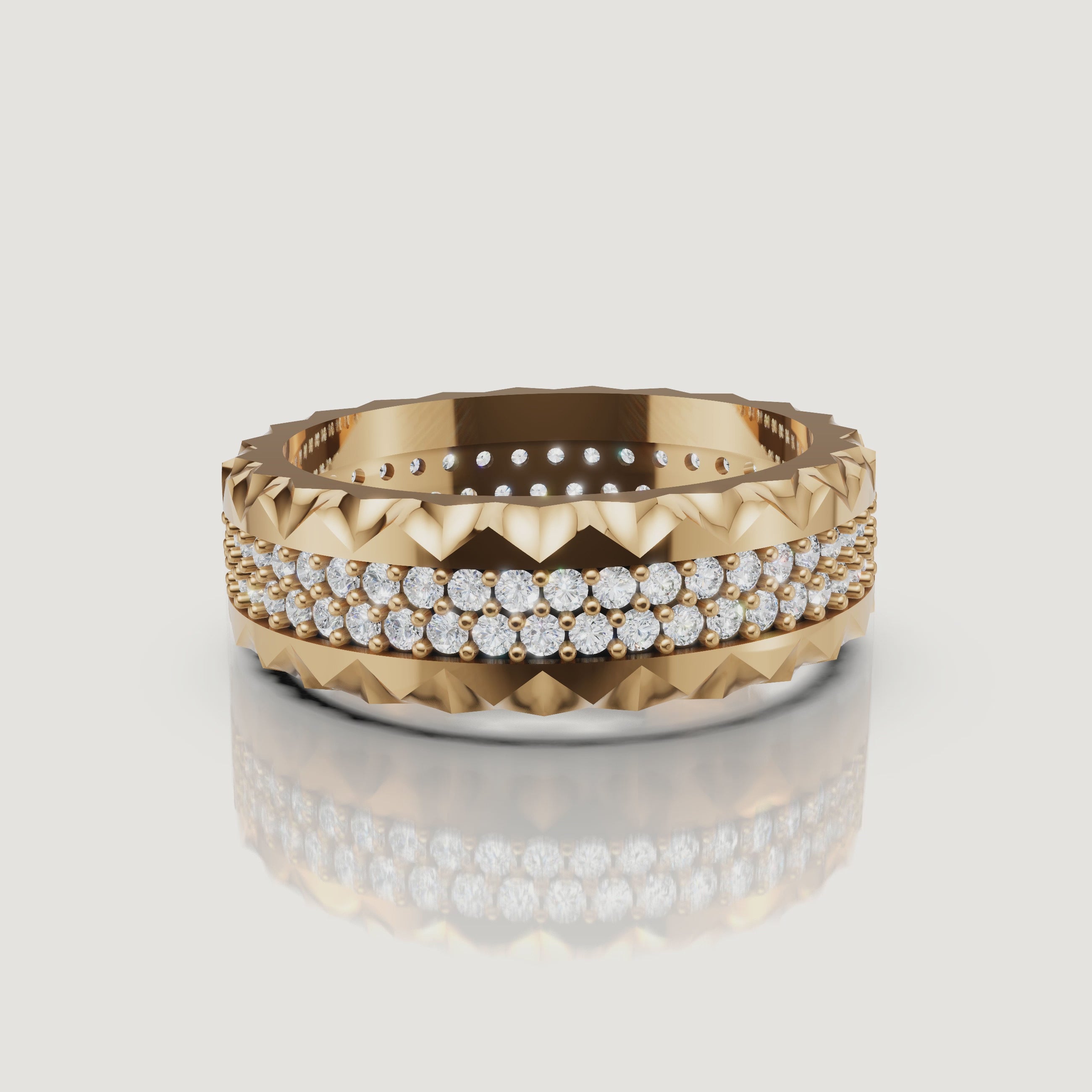 360 view of Raul Diamonds yellow gold diamond wedding band with triple pavé rows and faceted textured edges