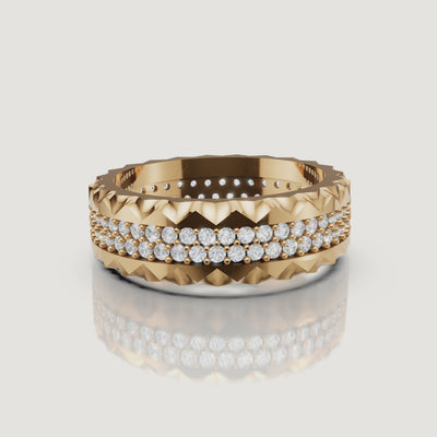 360 view of Raul Diamonds yellow gold diamond wedding band with triple pavé rows and faceted textured edges