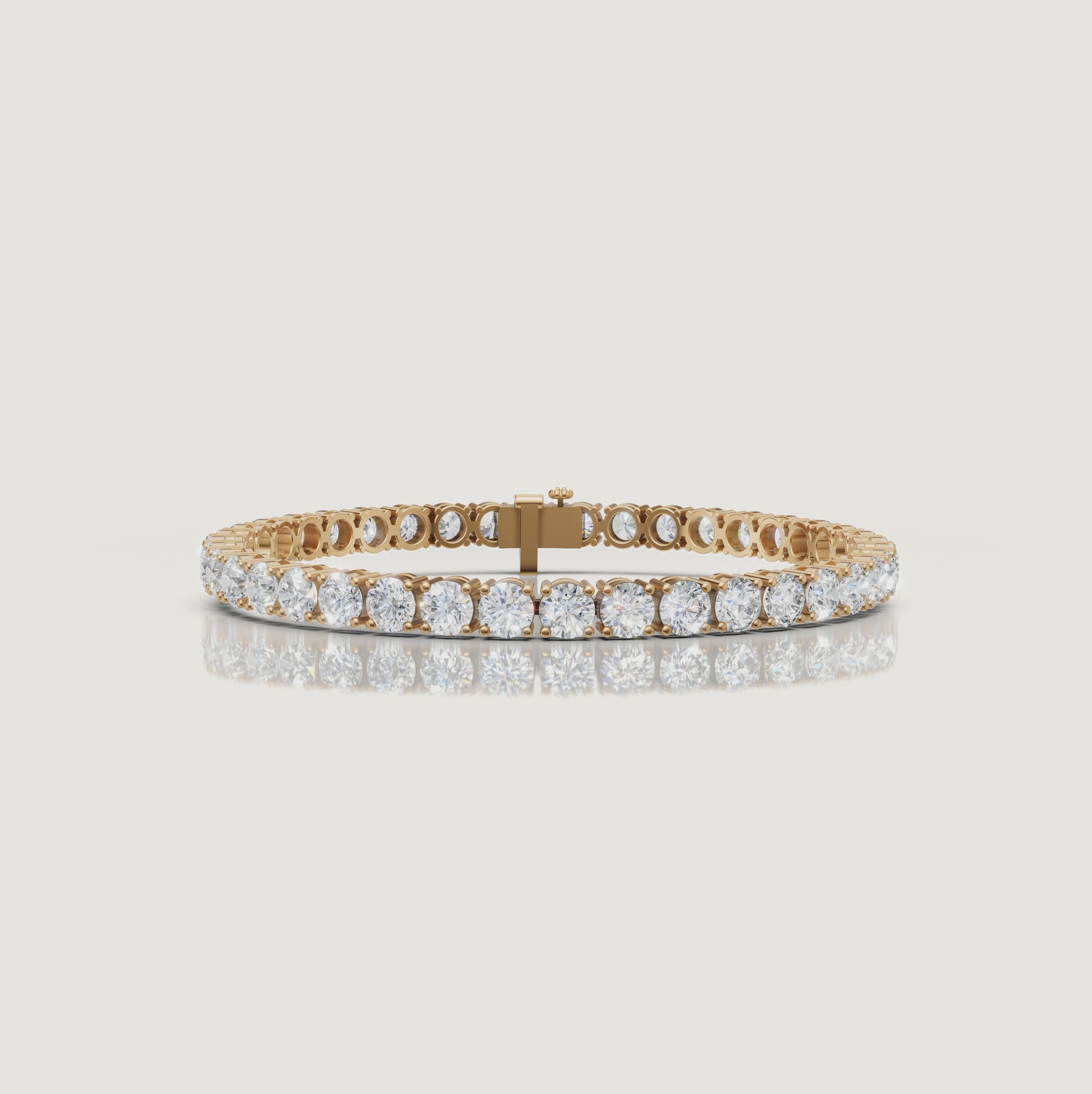 Cinematic video of an 10 carat lab grown diamond tennis bracelet in 14K yellow gold by Raul Diamonds featuring round brilliant diamonds, macro sparkle close-ups, graceful wrist movement, warm luxury lighting, and premium fine jewelry craftsmanship.