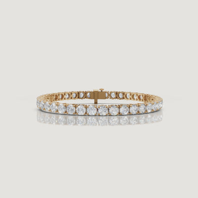Cinematic video of an 10 carat lab grown diamond tennis bracelet in 14K yellow gold by Raul Diamonds featuring round brilliant diamonds, macro sparkle close-ups, graceful wrist movement, warm luxury lighting, and premium fine jewelry craftsmanship.