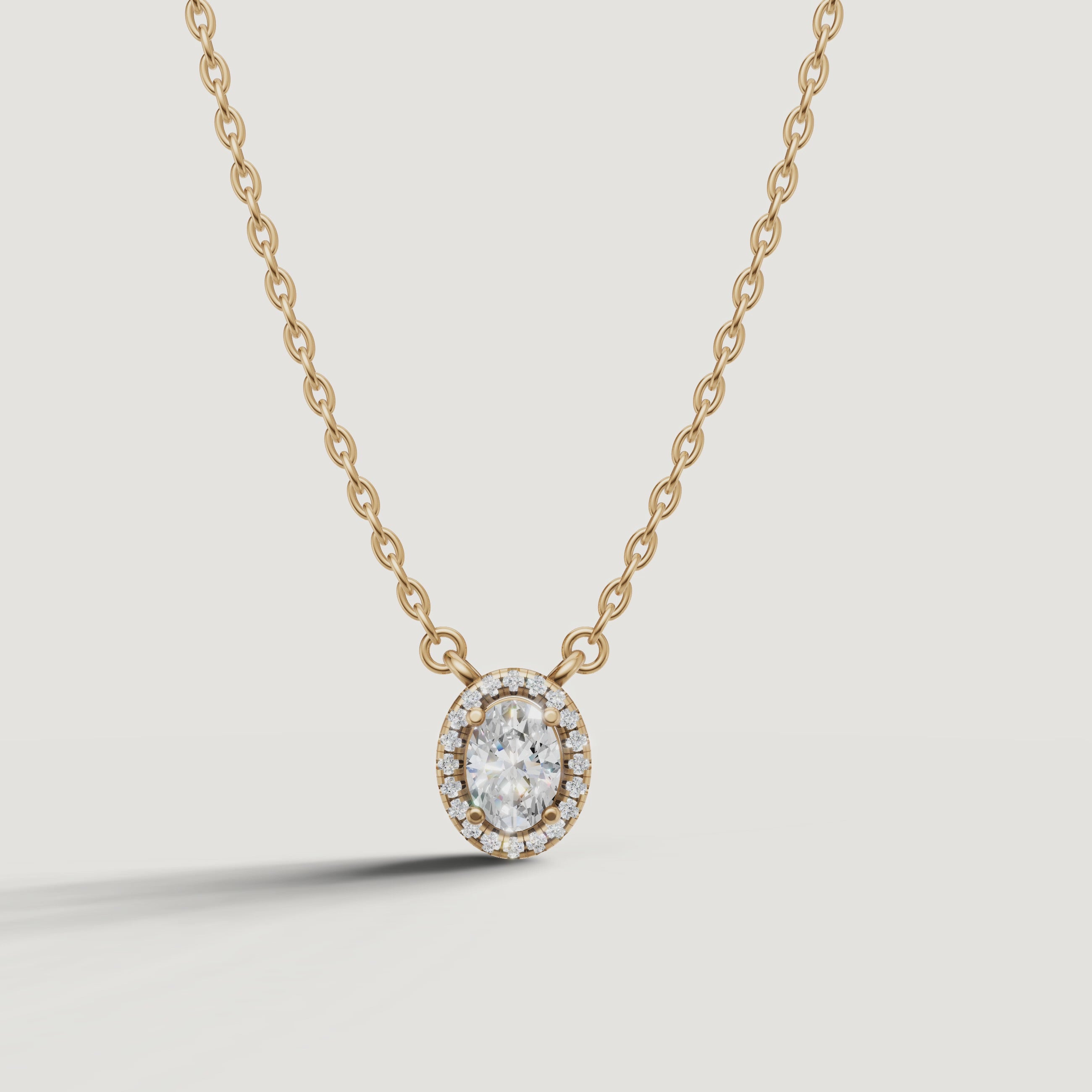 Yellow Gold Oval Lab Grown Diamond Halo Pendant Necklace Video by Raul Diamonds