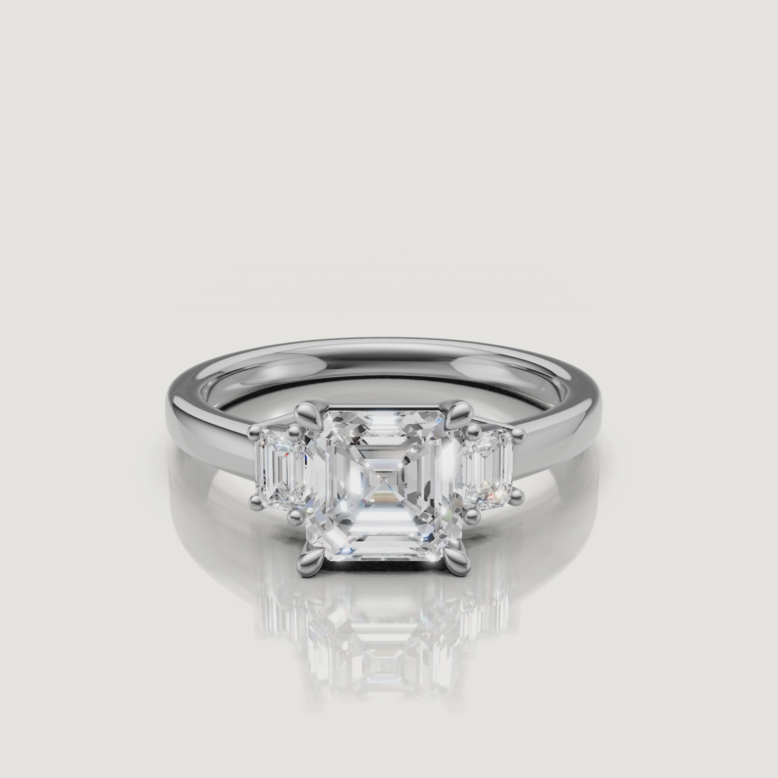 Asscher cut lab grown diamond engagement ring in 14K white gold with elegant side stones by Raul Diamonds video display