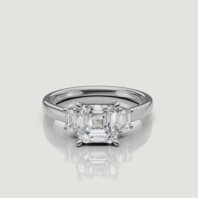 Asscher cut lab grown diamond engagement ring in 14K white gold with elegant side stones by Raul Diamonds video display