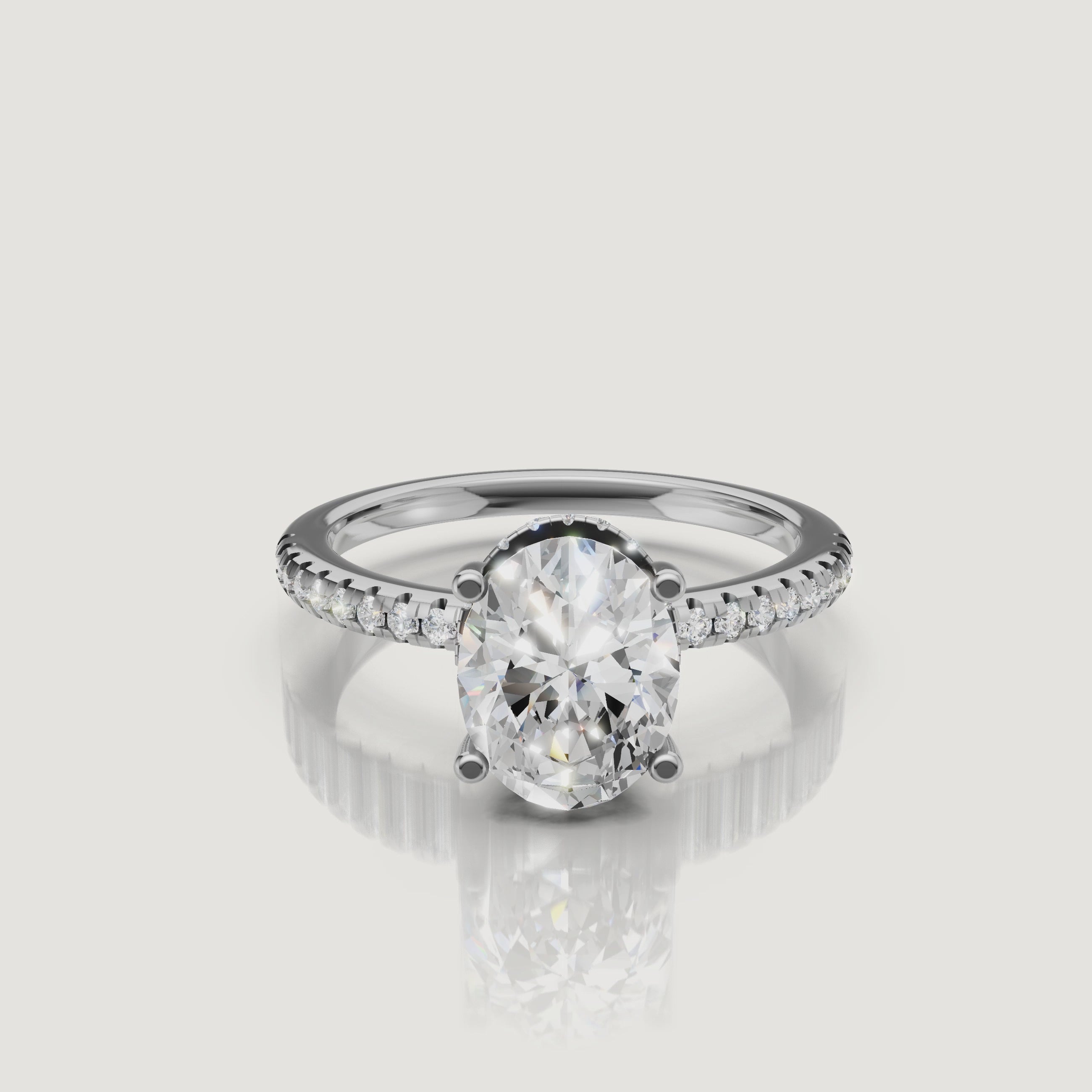 detailed showcase video of oval shaped lab grown diamond engagement ring with micro pavé band