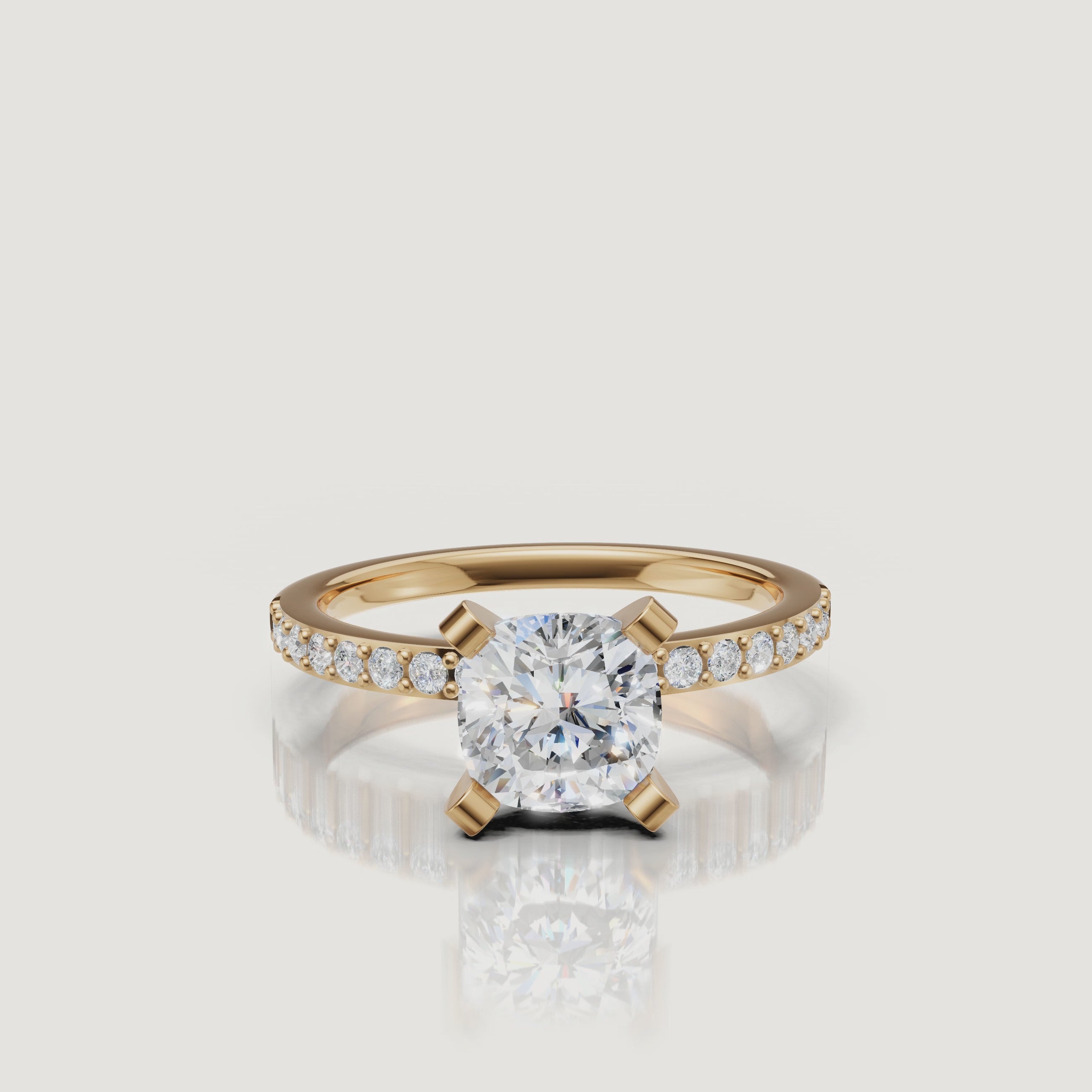 Cushion cut lab grown diamond pavé engagement ring in 14K yellow gold by Raul Diamonds video showcase