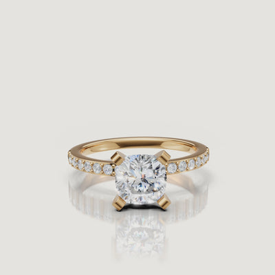 Cushion cut lab grown diamond pavé engagement ring in 14K yellow gold by Raul Diamonds video showcase