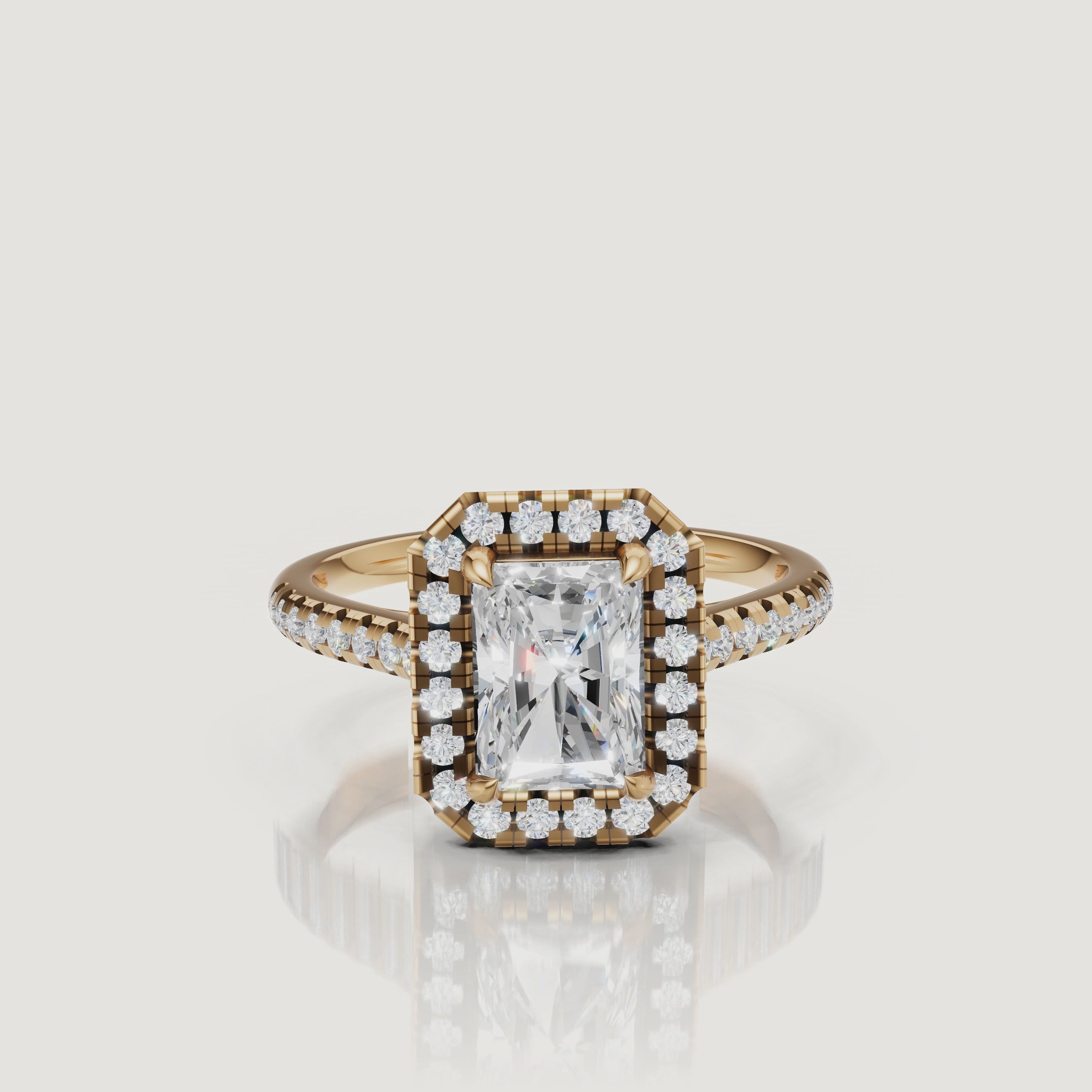 Yellow gold radiant halo diamond engagement ring video with pavé band by Raul Diamonds