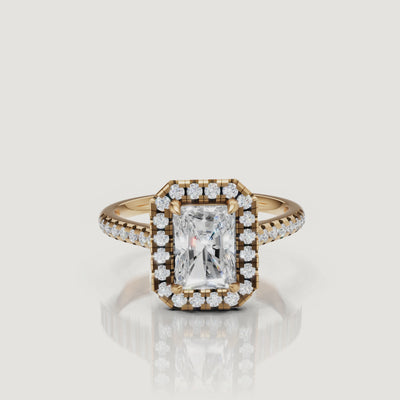 Yellow gold radiant halo diamond engagement ring video with pavé band by Raul Diamonds