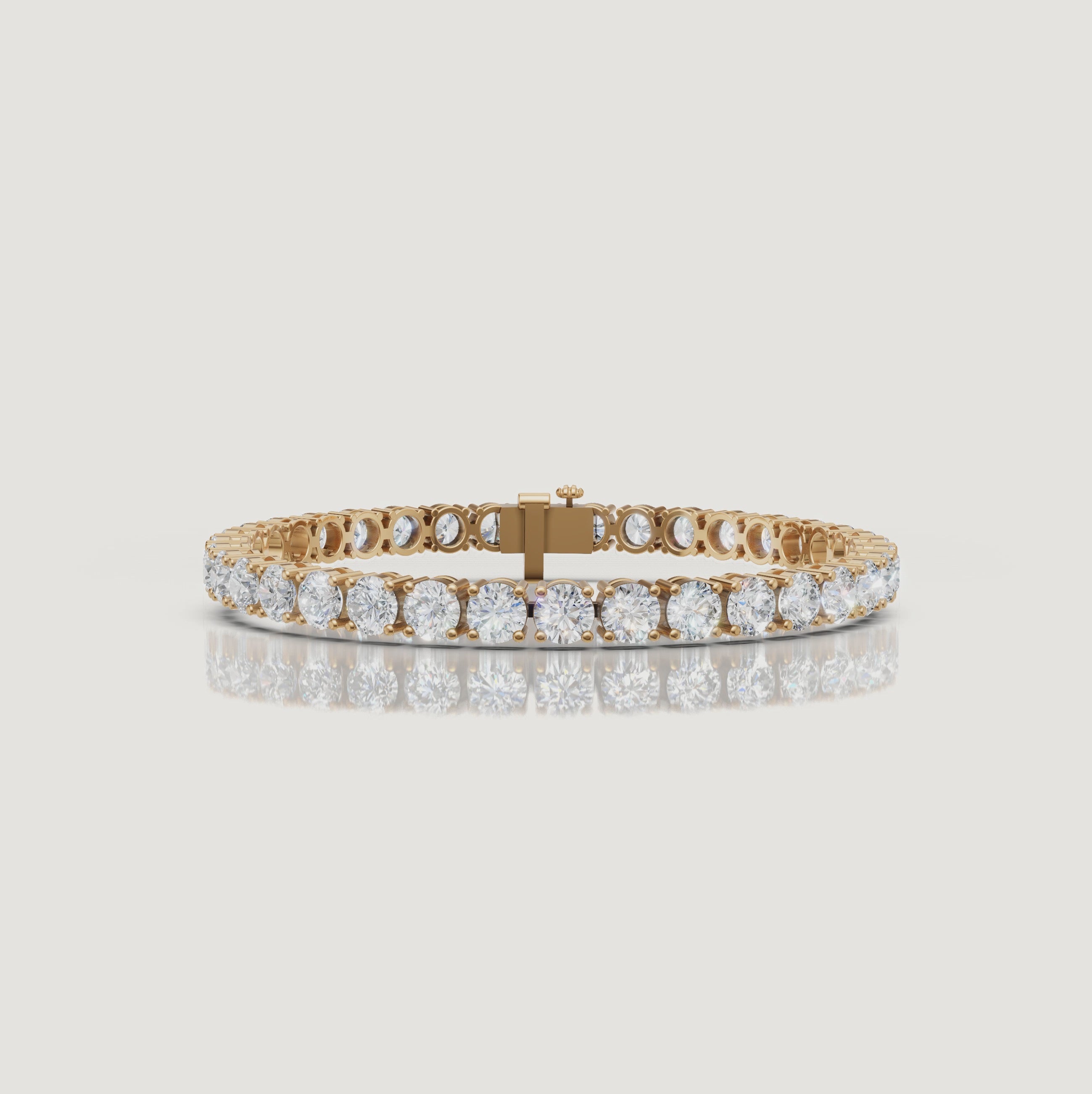 Cinematic video of a 12 carat lab grown diamond tennis bracelet in 14K yellow gold by Raul Diamonds featuring round brilliant diamonds, luxury macro close-ups, radiant sparkle, graceful wrist movement, warm studio lighting, and premium fine jewelry craftsmanship.