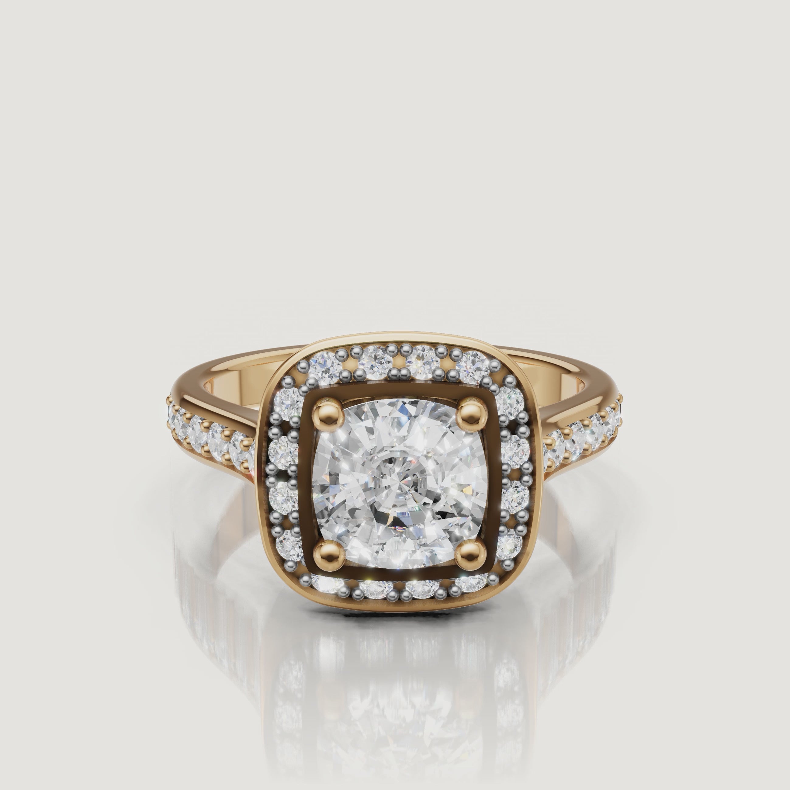 360 video of the Seo yellow gold round halo diamond engagement ring with pavé band by Raul Diamonds.