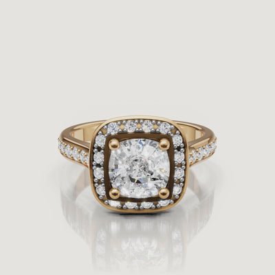 360 video of the Seo yellow gold round halo diamond engagement ring with pavé band by Raul Diamonds.