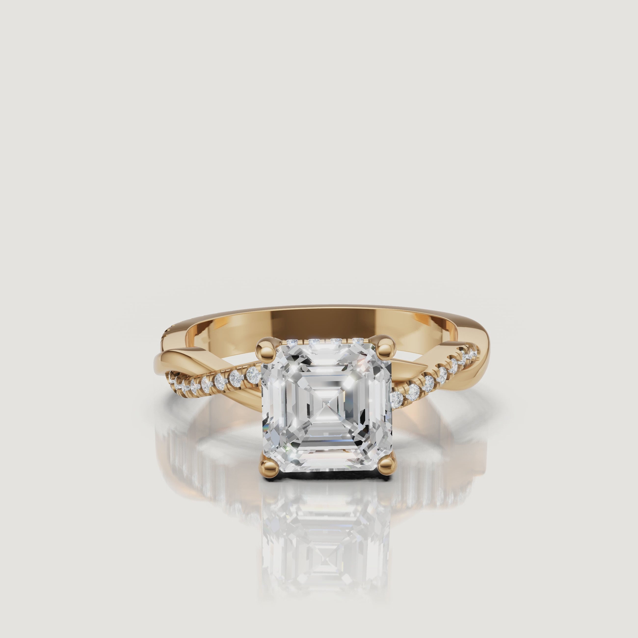 video of asscher cut lab grown diamond bypass engagement ring in 14k gold with pavé diamond crossover band and hidden halo sparkle