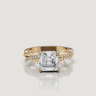 video of asscher cut lab grown diamond bypass engagement ring in 14k gold with pavé diamond crossover band and hidden halo sparkle
