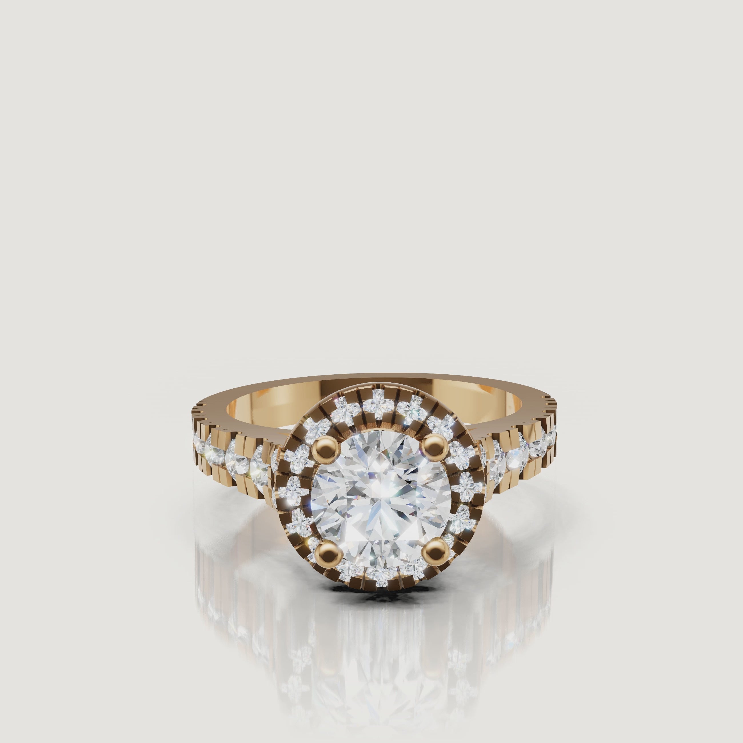 360 video of the Seo yellow gold halo diamond engagement ring with pavé detailing by Raul Diamonds.