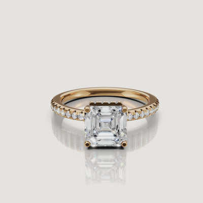 video of asscher cut lab grown diamond pavé engagement ring in 14k yellow gold