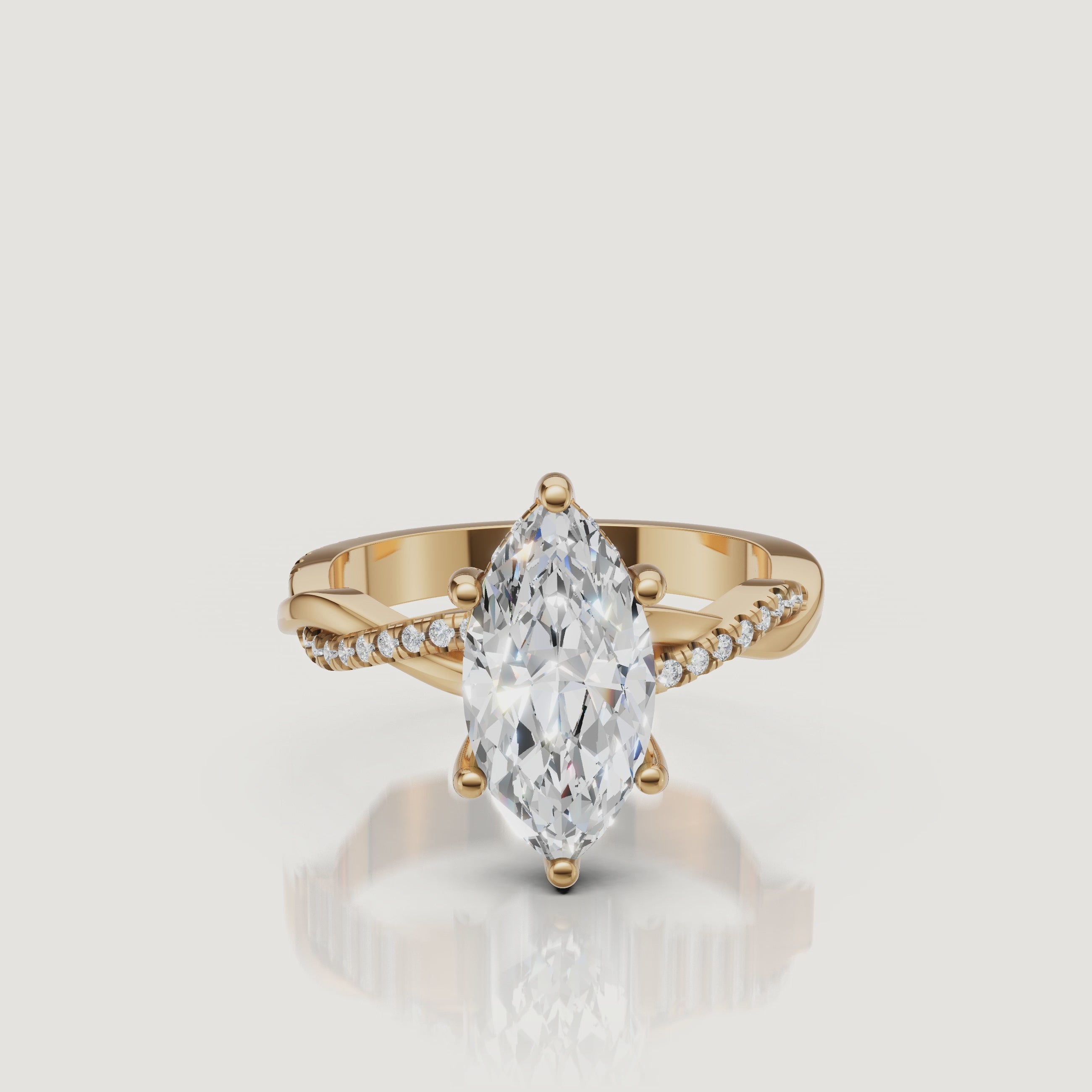 video of marquise cut lab grown diamond bypass engagement ring in 14k gold with pavé diamond crossover shank and modern elegance