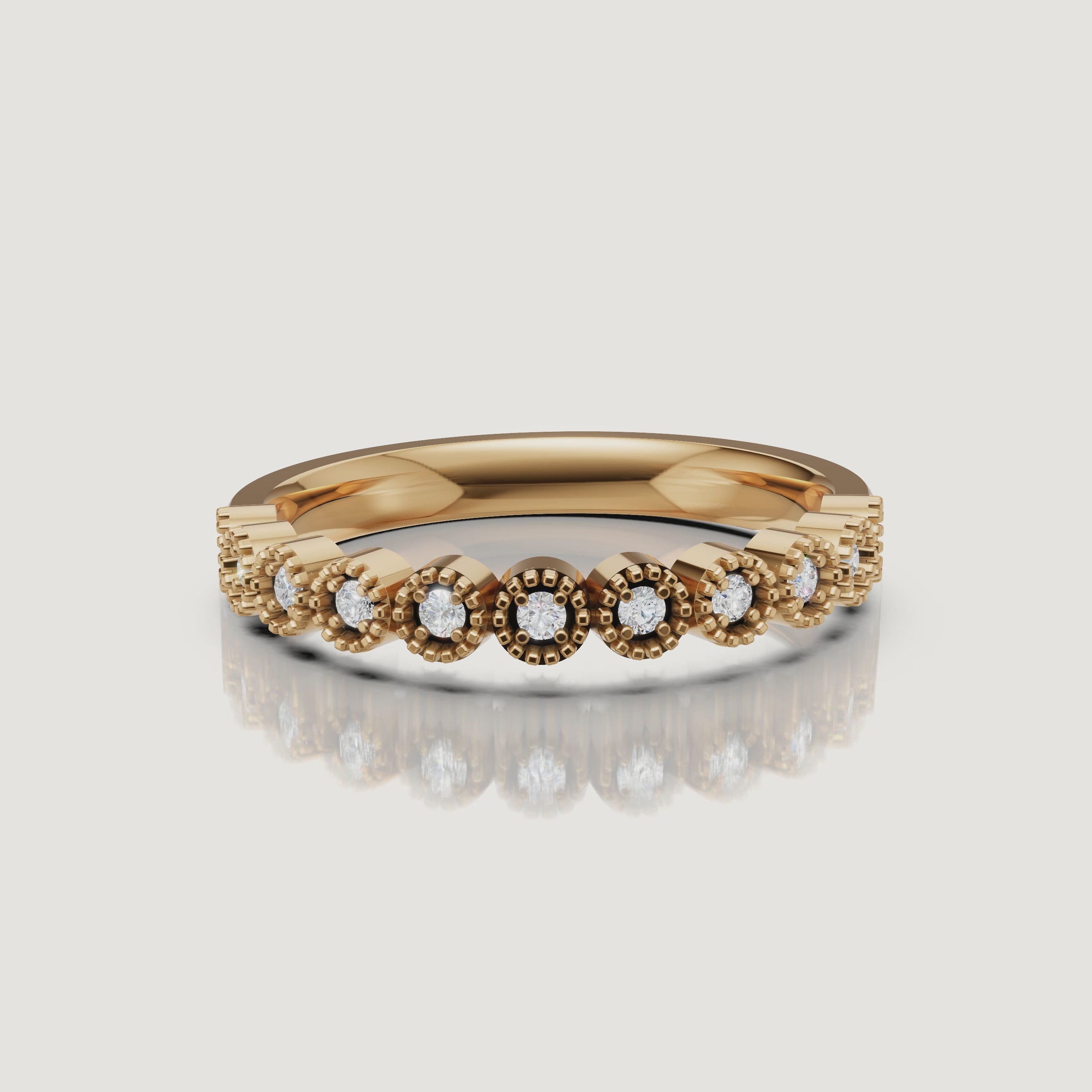 Yellow gold vintage milgrain diamond wedding band video by Raul Diamonds with round diamond accents